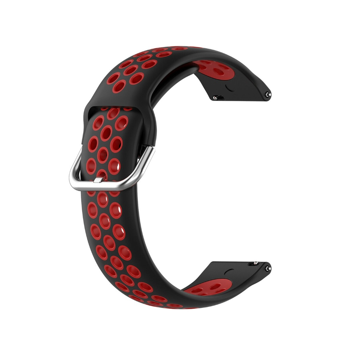 Ein schwarz-rotes Uhrenarmband. Es hat zahlreiche Löcher. Das Armband ist nicht befestigt.