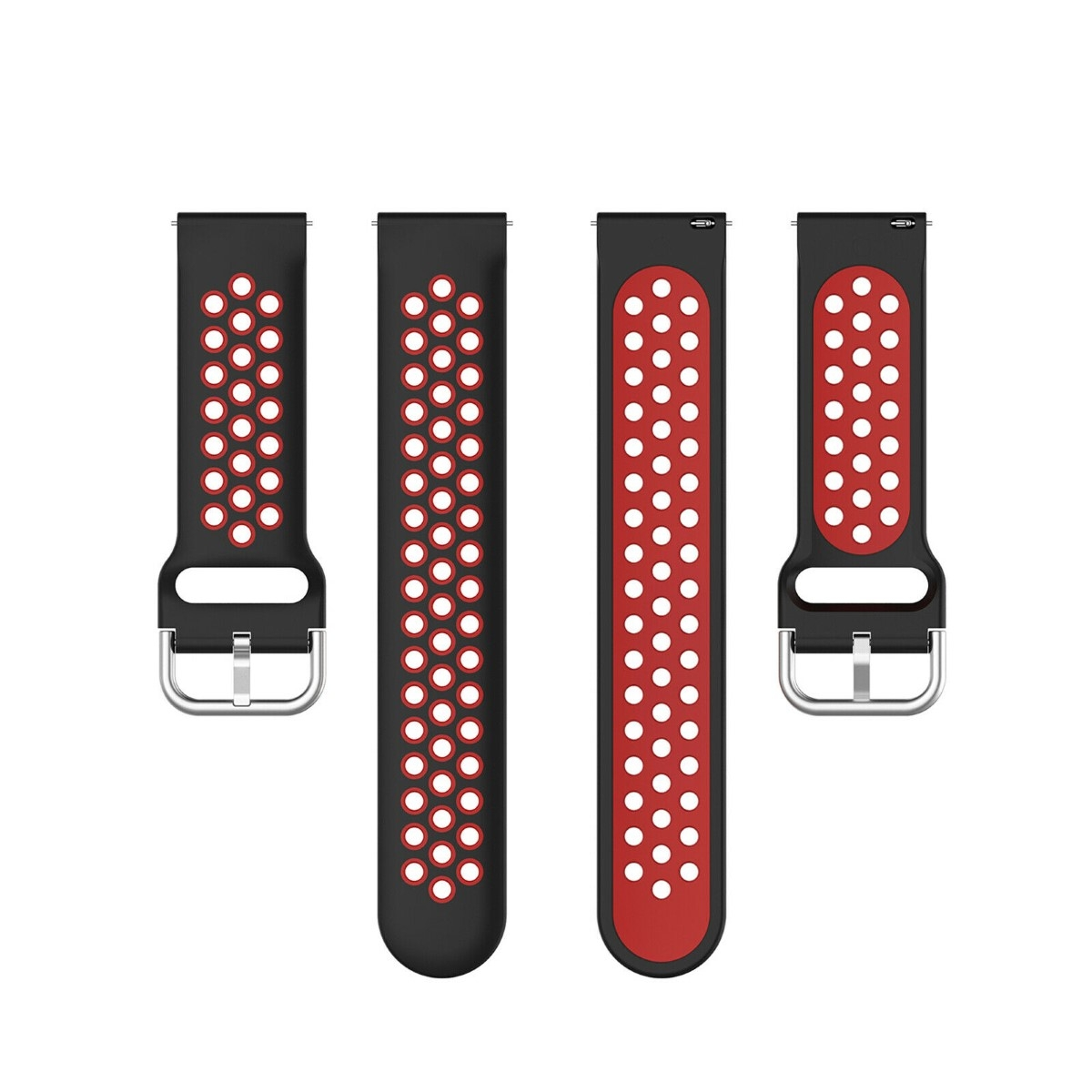 Vier schwarze und rote Uhrenarmbänder. Rote Punkte auf schwarzen Bändern. Weißer Hintergrund.