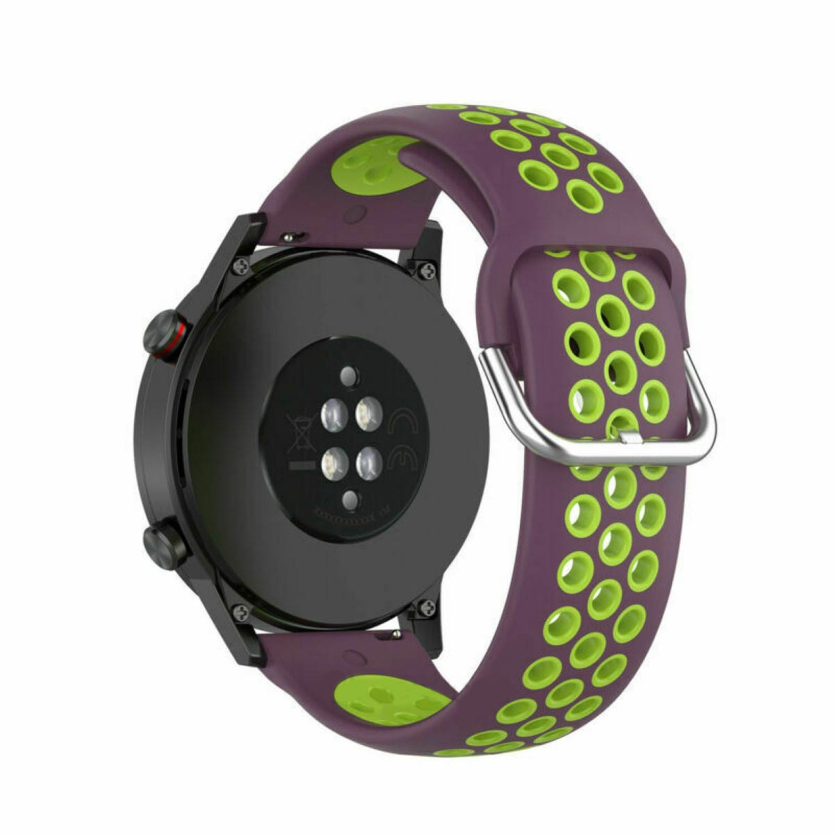 Eine Smartwatch mit schwarzem Gehäuse und lila-grünem Armband mit Dornschließe.