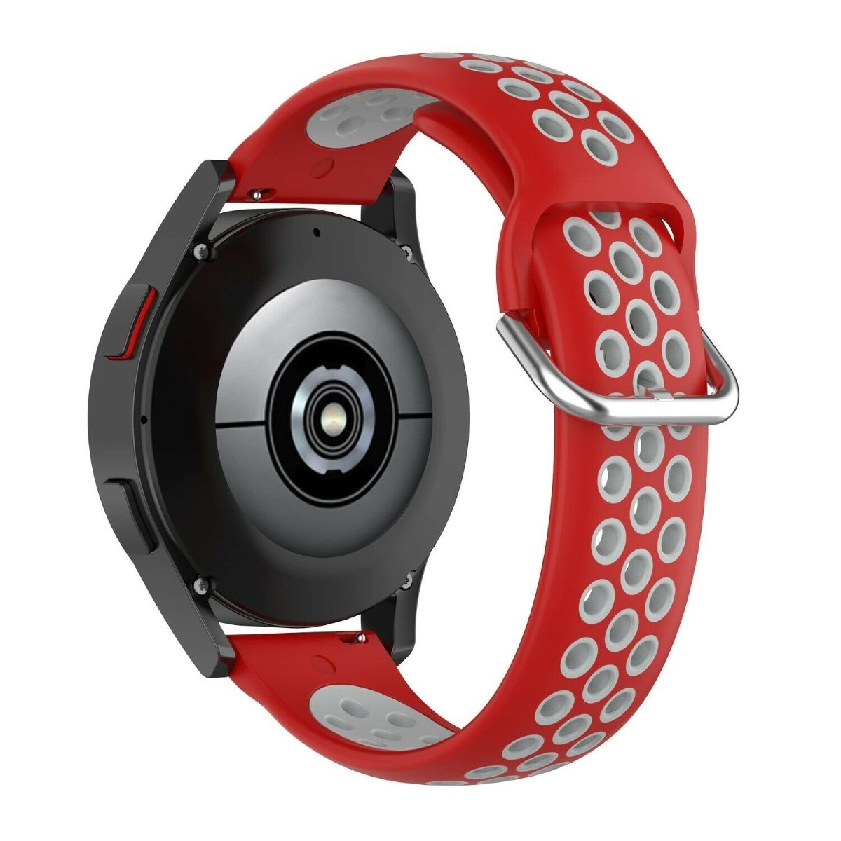 Rotes und weißes Smartwatch-Armband mit schwarzer Uhr.