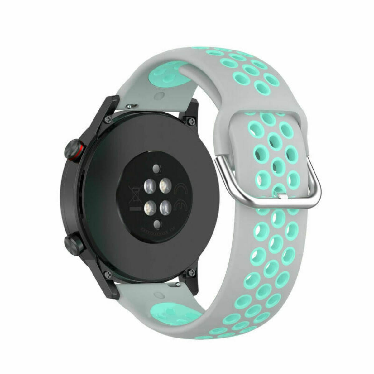 Graues und türkisfarbenes Uhrenarmband mit Löchern, auf der Rückseite einer schwarzen Smartwatch.