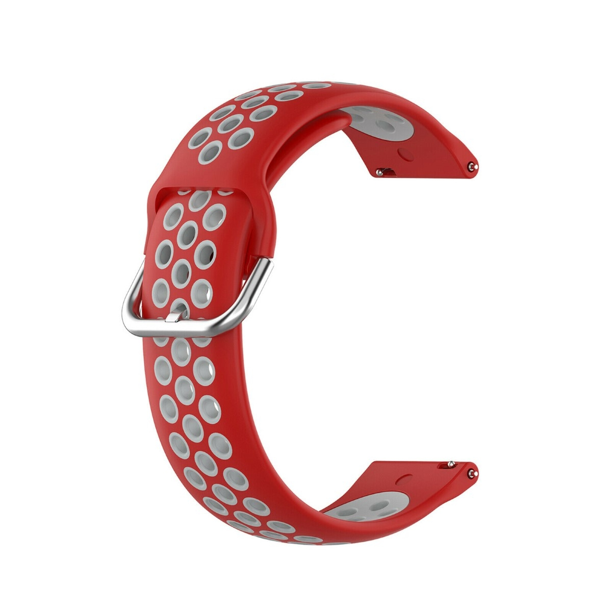Rotes und weißes Silikon-Armband mit Metallschnalle. Das Armband hat mehrere kleine Löcher.