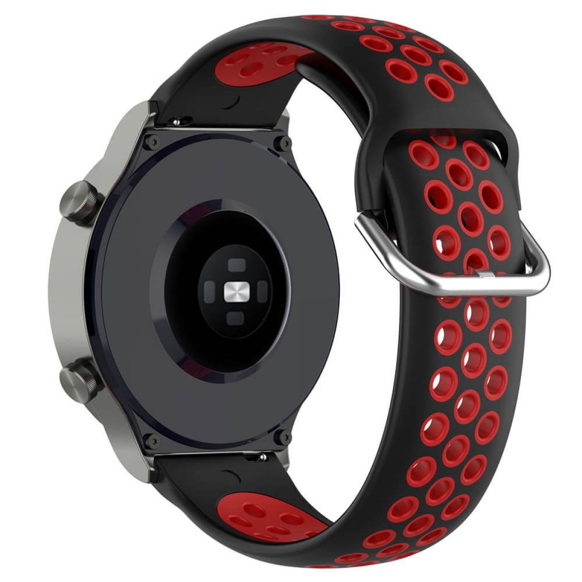 Rückseite einer Smartwatch. Schwarz mit roten Akzenten am Armband. Mit Sensoren.