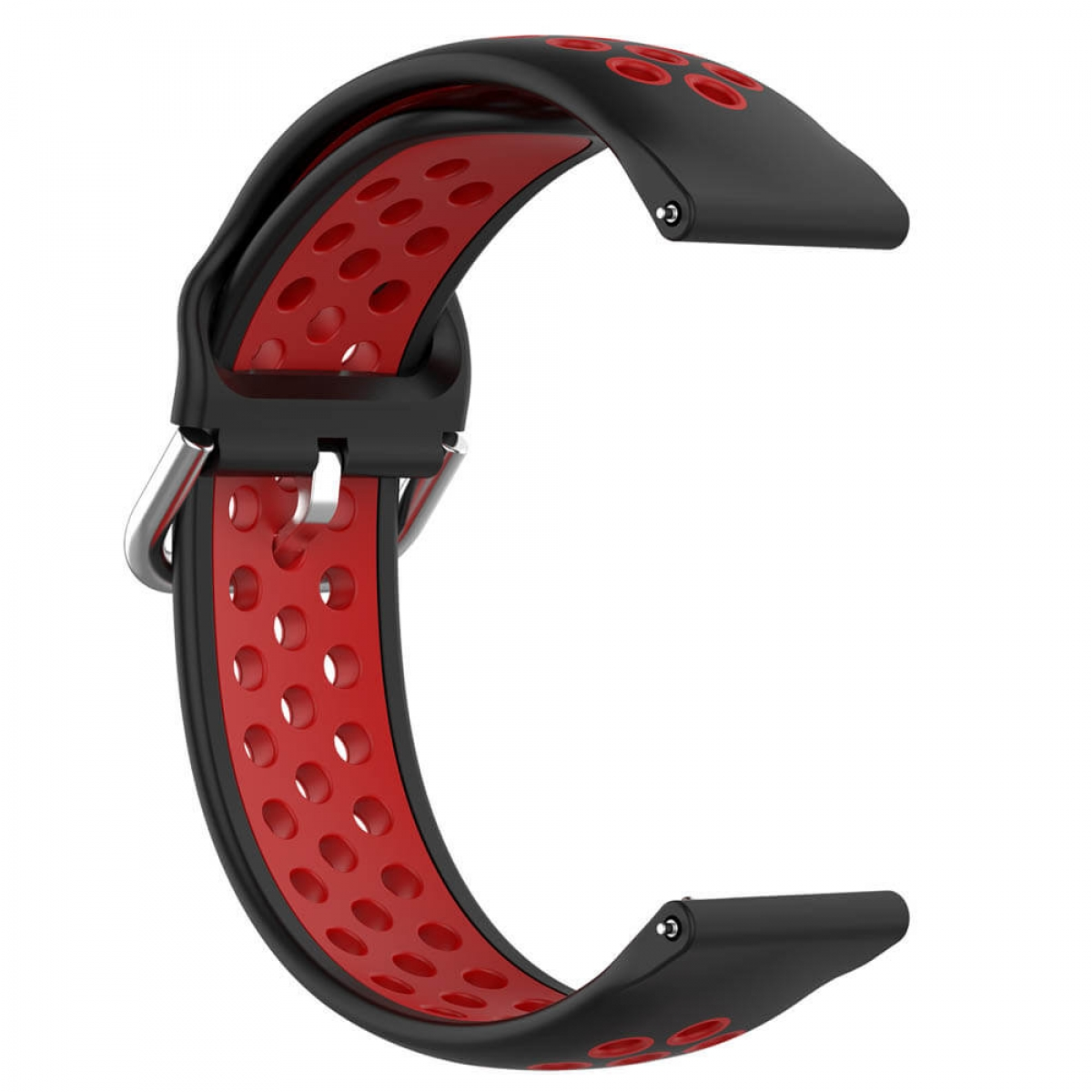 Ein schwarz-rotes Uhrenarmband mit silberner Schnalle, Nahaufnahme.