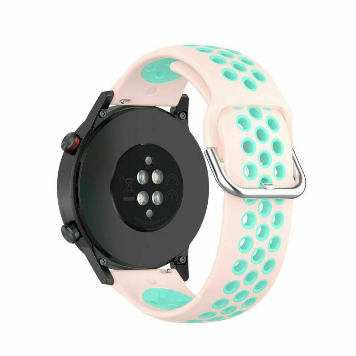 Eine schwarze Smartwatch mit hellrosa und türkisfarbenem Silikonarmband. Sie zeigt die Rückseite der Uhr.