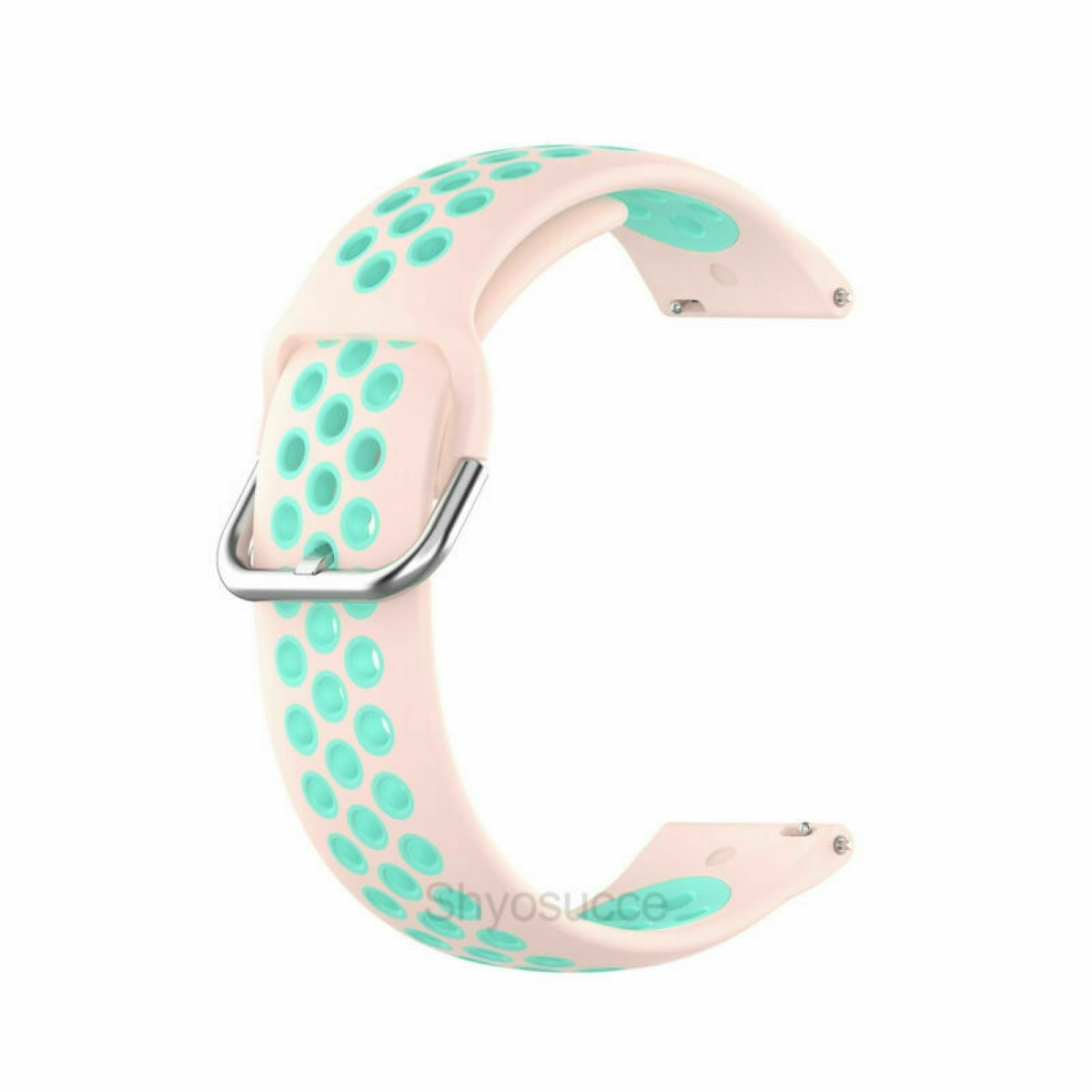 Ein hellrosa Uhrenarmband mit türkisfarbenen Perforationen, in C-Form, mit einer silbernen Schnalle.