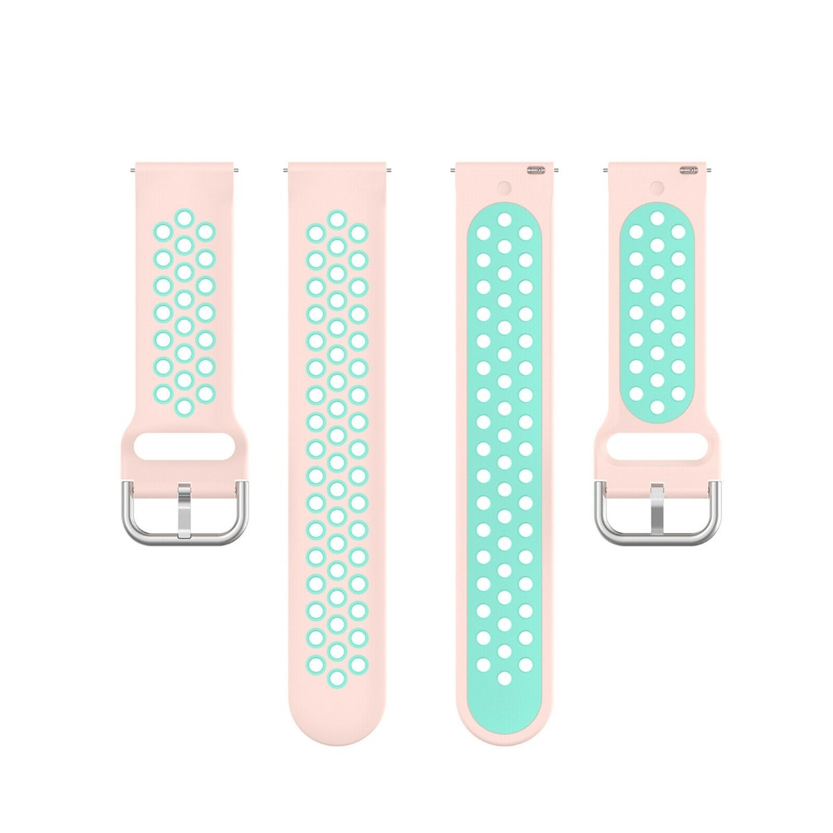 Vier Armbänder, rosa mit Löchern und türkis mit Löchern, auf Weiß.