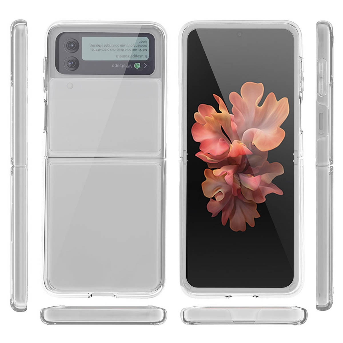 Eine transparente Handyhülle mit einem faltbaren Handy darin.