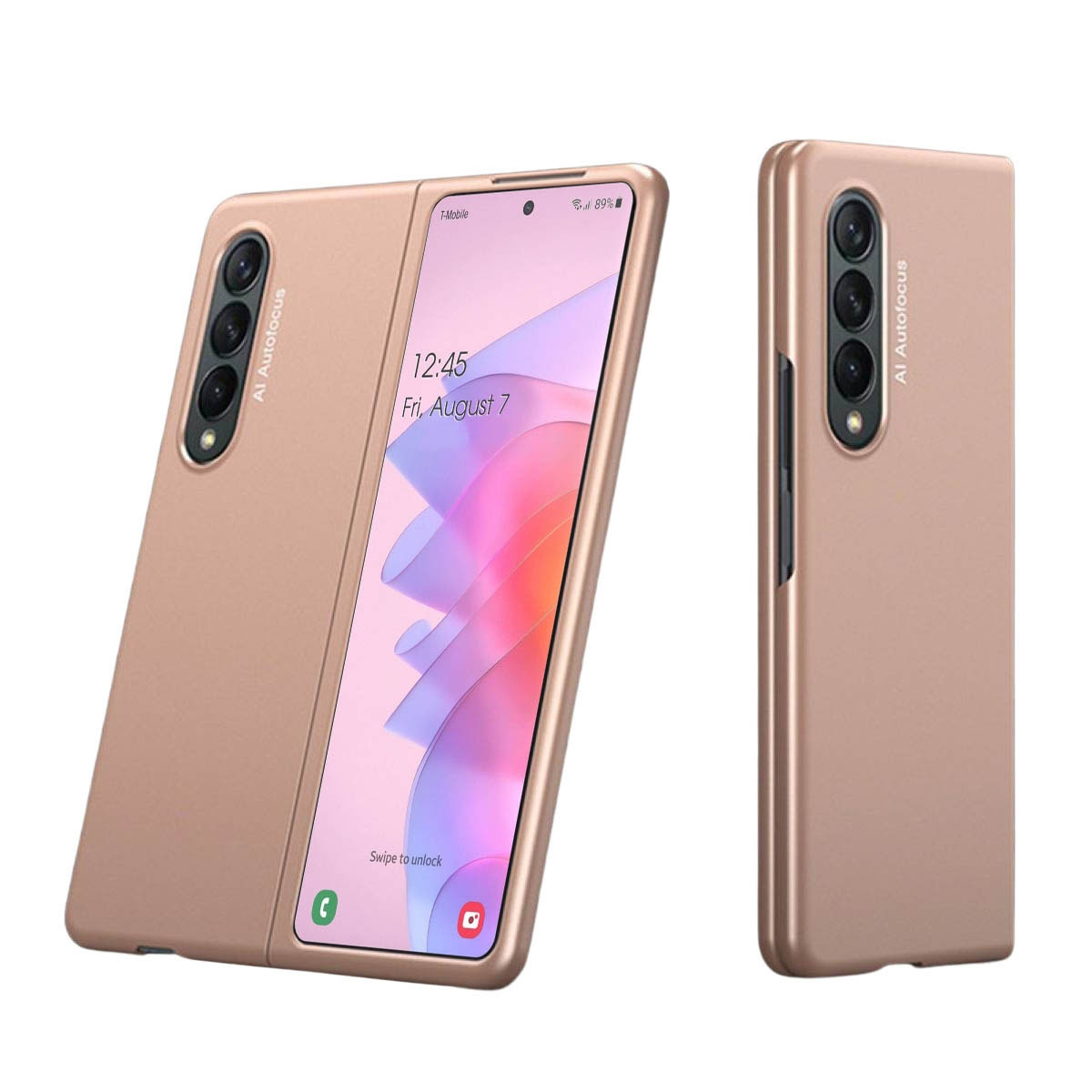 Ein goldfarbenes, faltbares Telefon in zwei Positionen. Der Bildschirm ist eingeschaltet und zeigt Datum und Uhrzeit an.