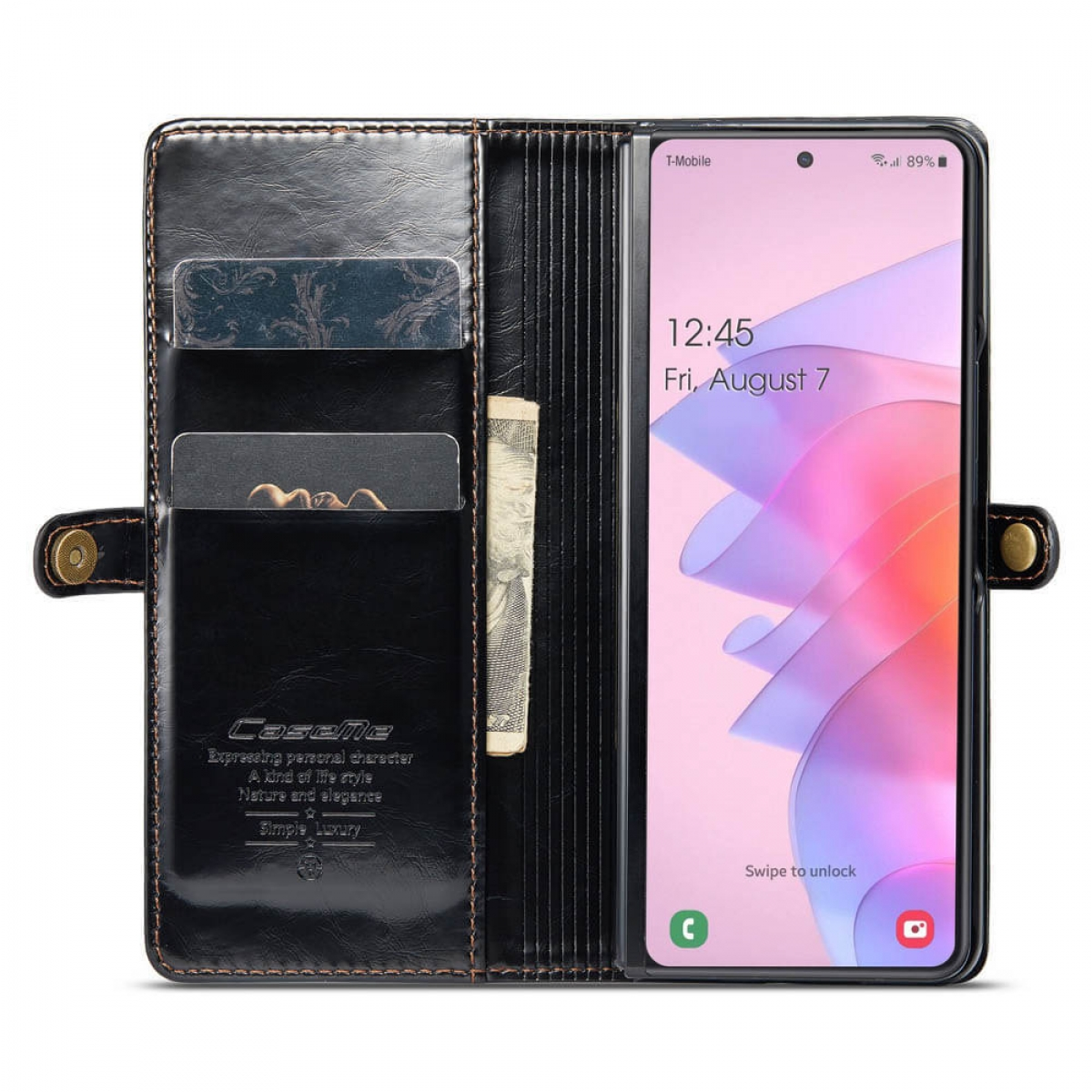 Schwarze Leder-Handyhülle mit Karten und Geldschein, Telefon mit geöffnetem Bildschirm.