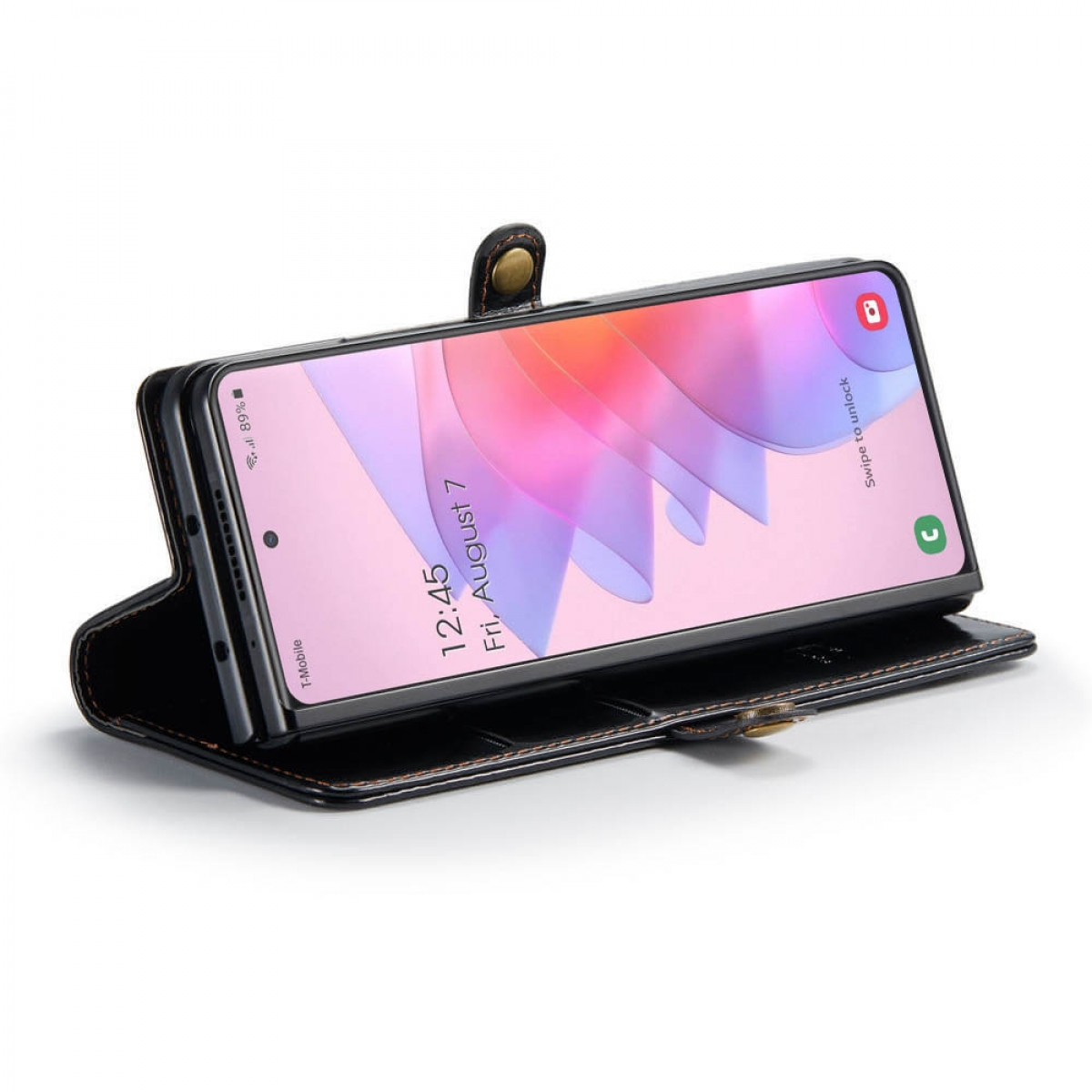 Geöffnete schwarze Handyhülle mit Telefon. Bildschirm zeigt Zeit, Datum und Hintergrund.