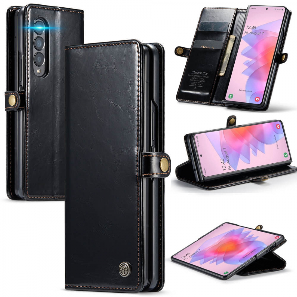 Schwarze Leder-Handyhülle, offen und geschlossen, mit Telefon darin. Braune Nähte, goldener Knopfverschluss.