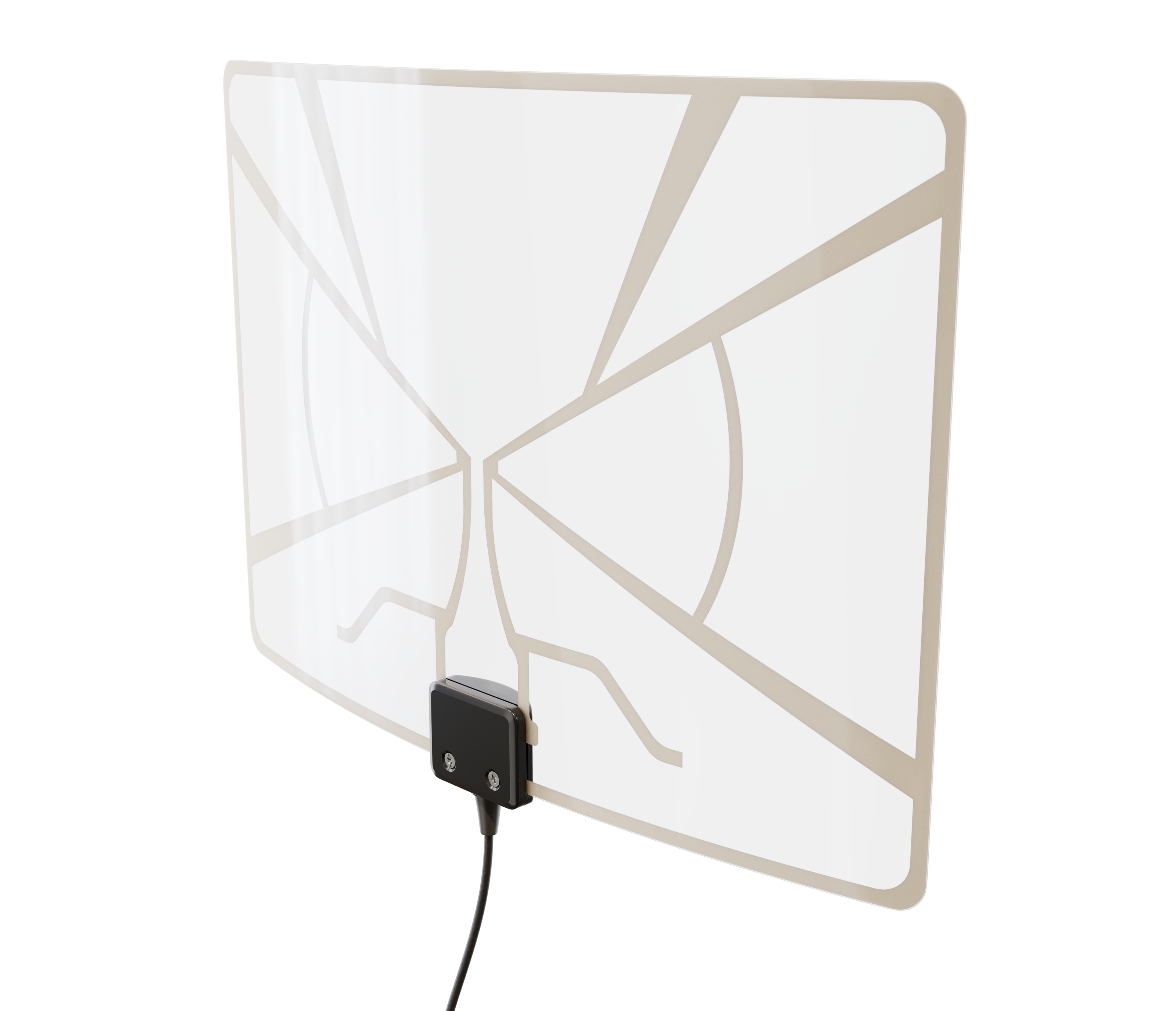 Eine weiße, rechteckige Antenne. Sie hat einen schwarzen Stecker an der Unterseite. Die Antenne hat ein Muster.