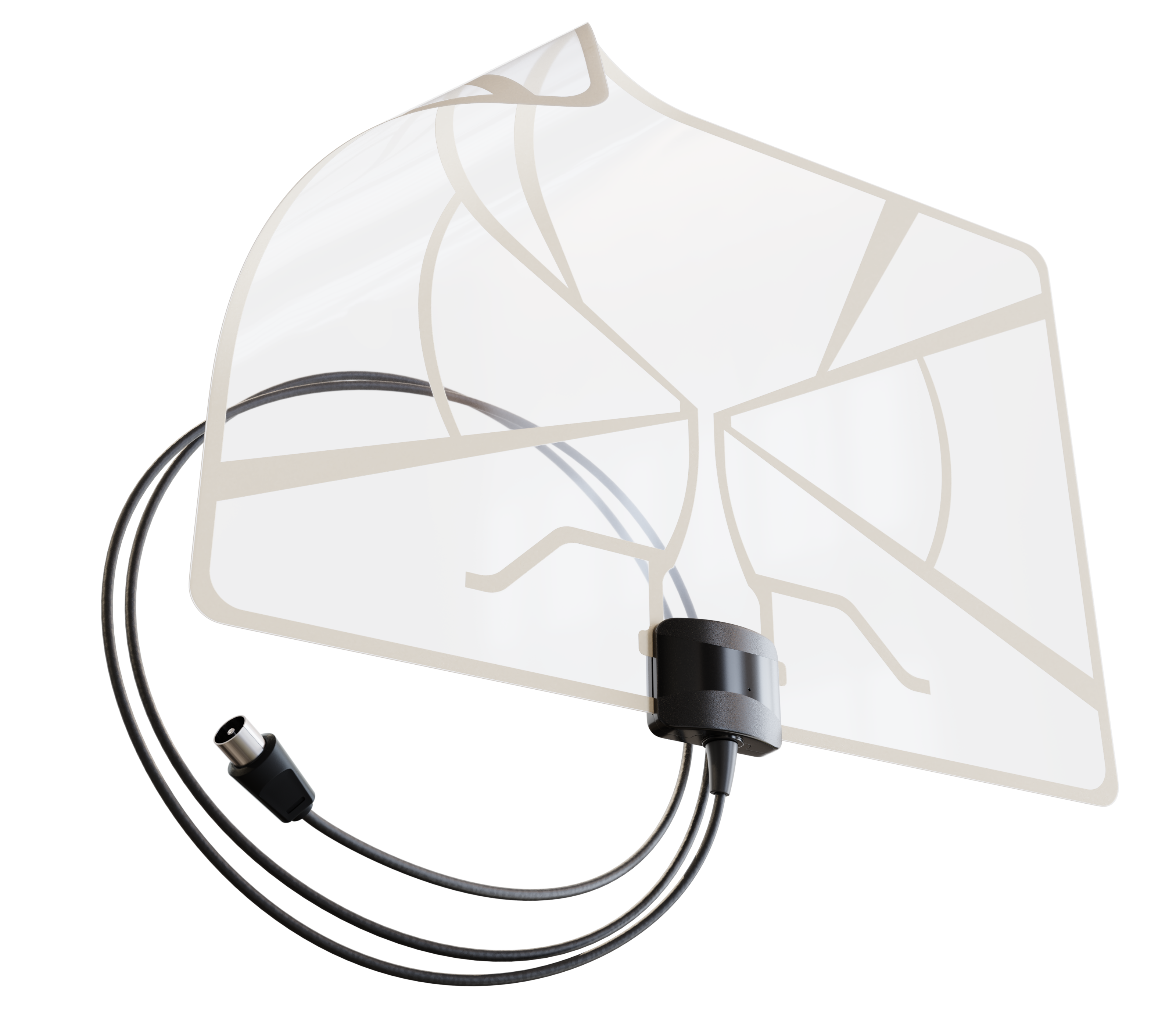 Weiße Antenne mit schwarzem Stecker und Drähten.