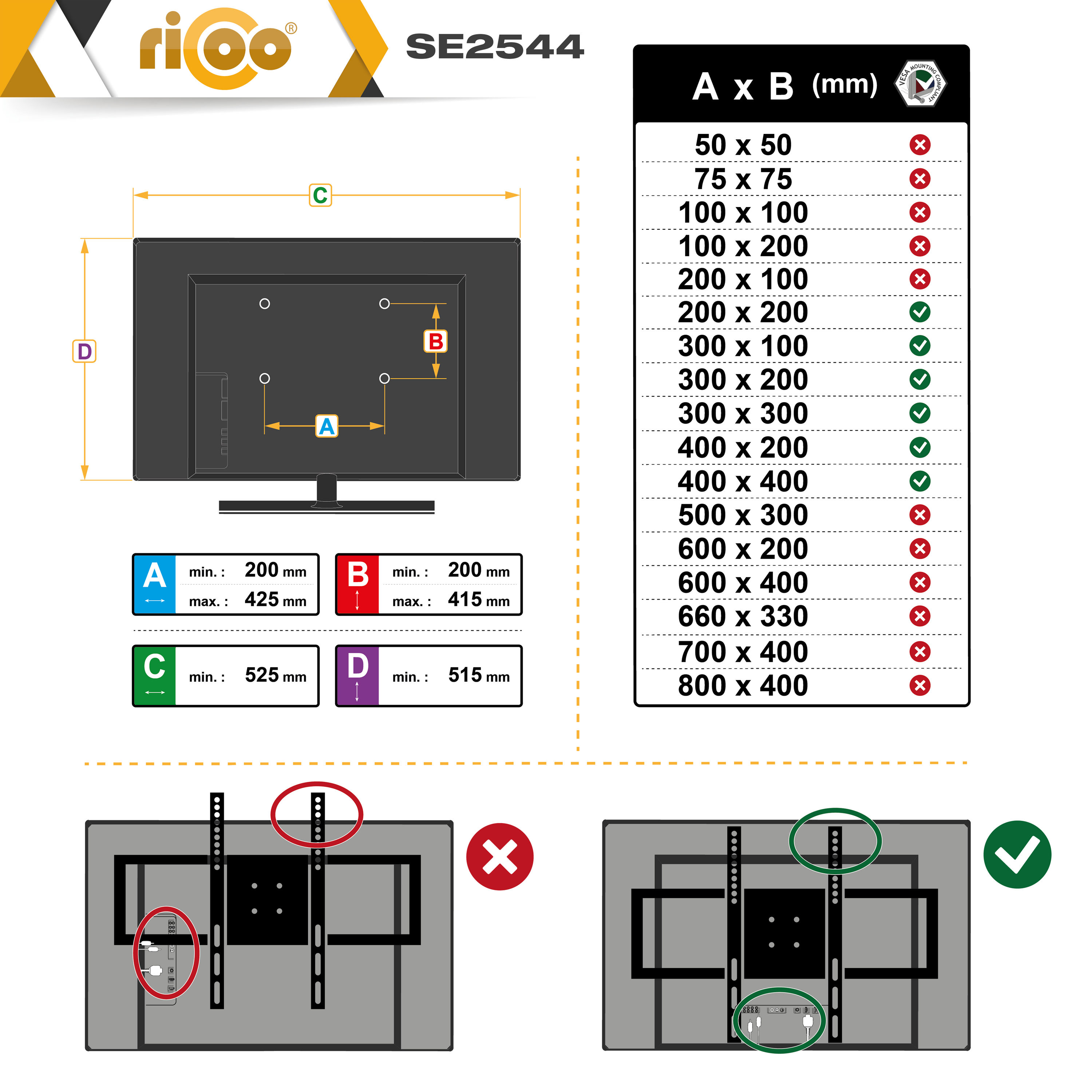 ausklappbar bis Wandhalterung, Halterung schwenkbar x SE2544 VESA universal TV 400 Schwarz elektrisch RICOO 400 Fernseher