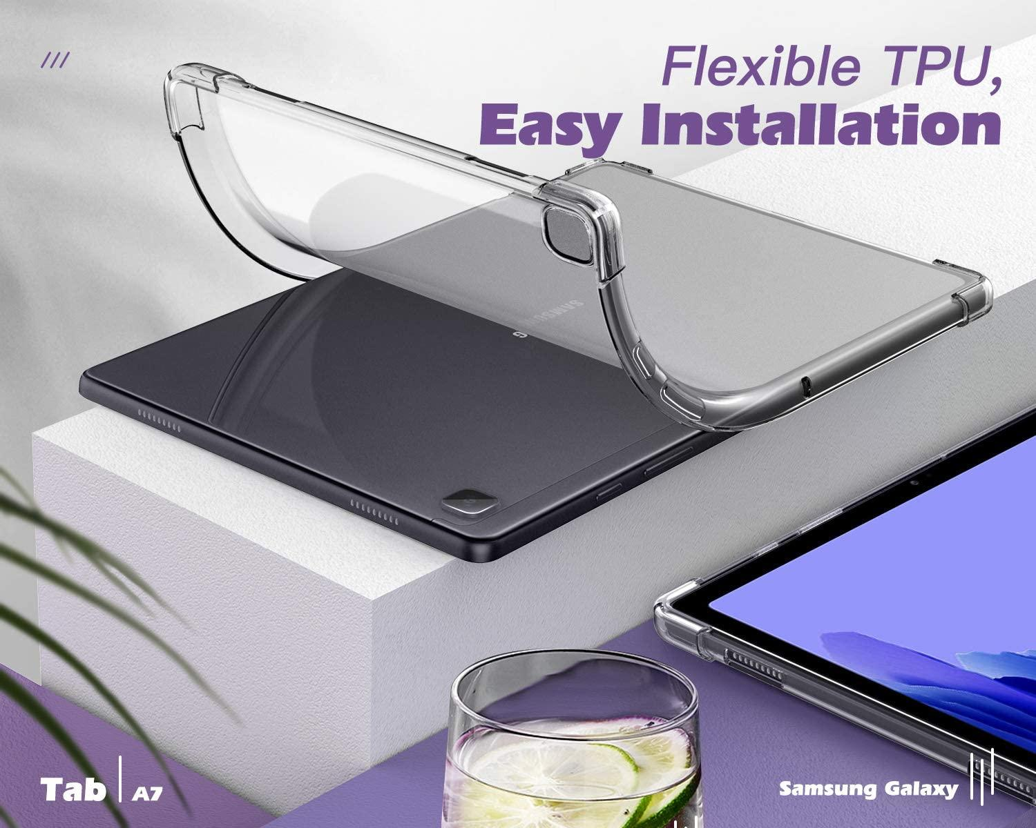 Transparente Handyhülle über einem Tablet, mit Text: 'Flexible TPU, Easy Installation'.