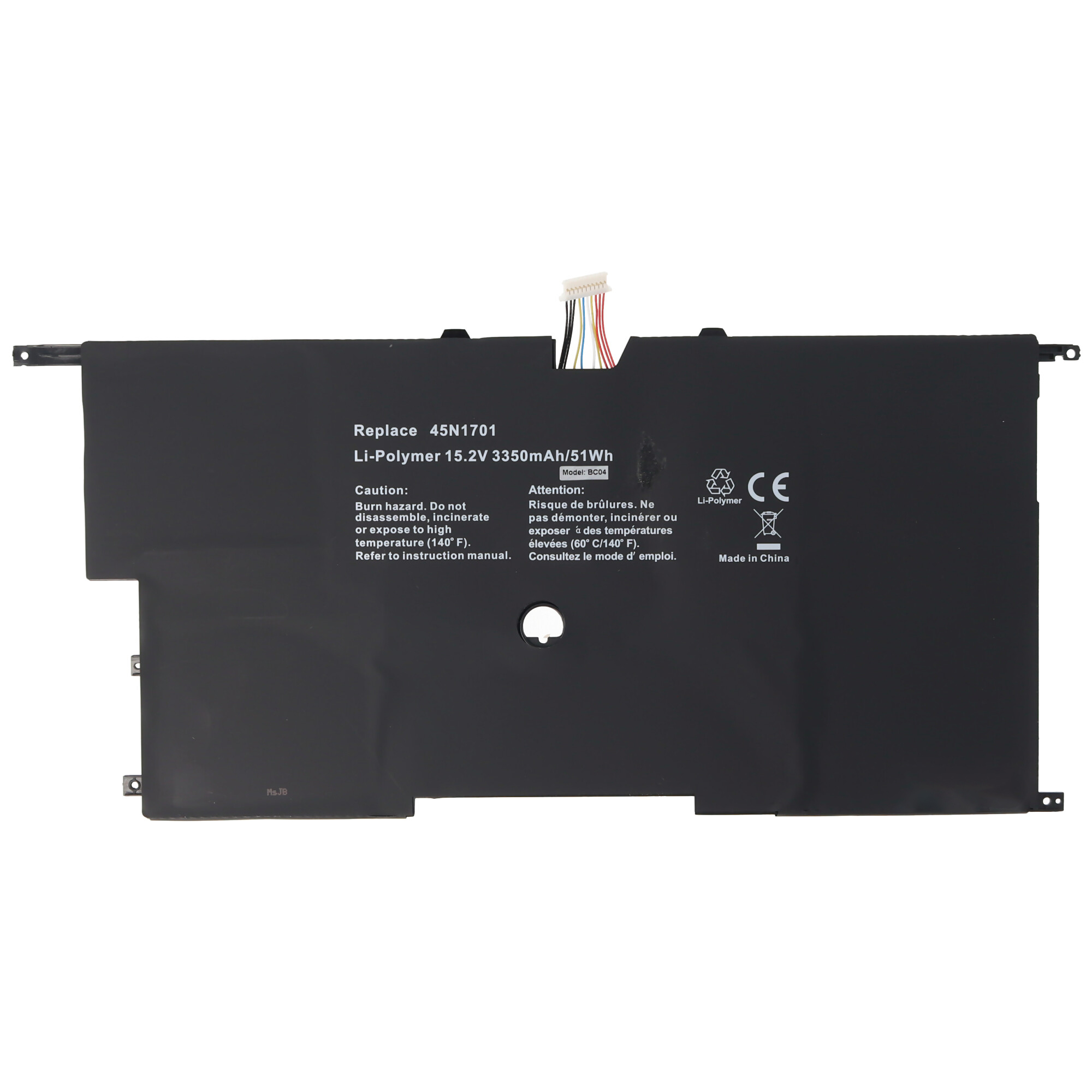 Schwarzer Li-Polymer 15,2V 3350mAh/51Wh Akku mit Text und verschiedenen Anschlüssen. Hintergrund ist weiß.