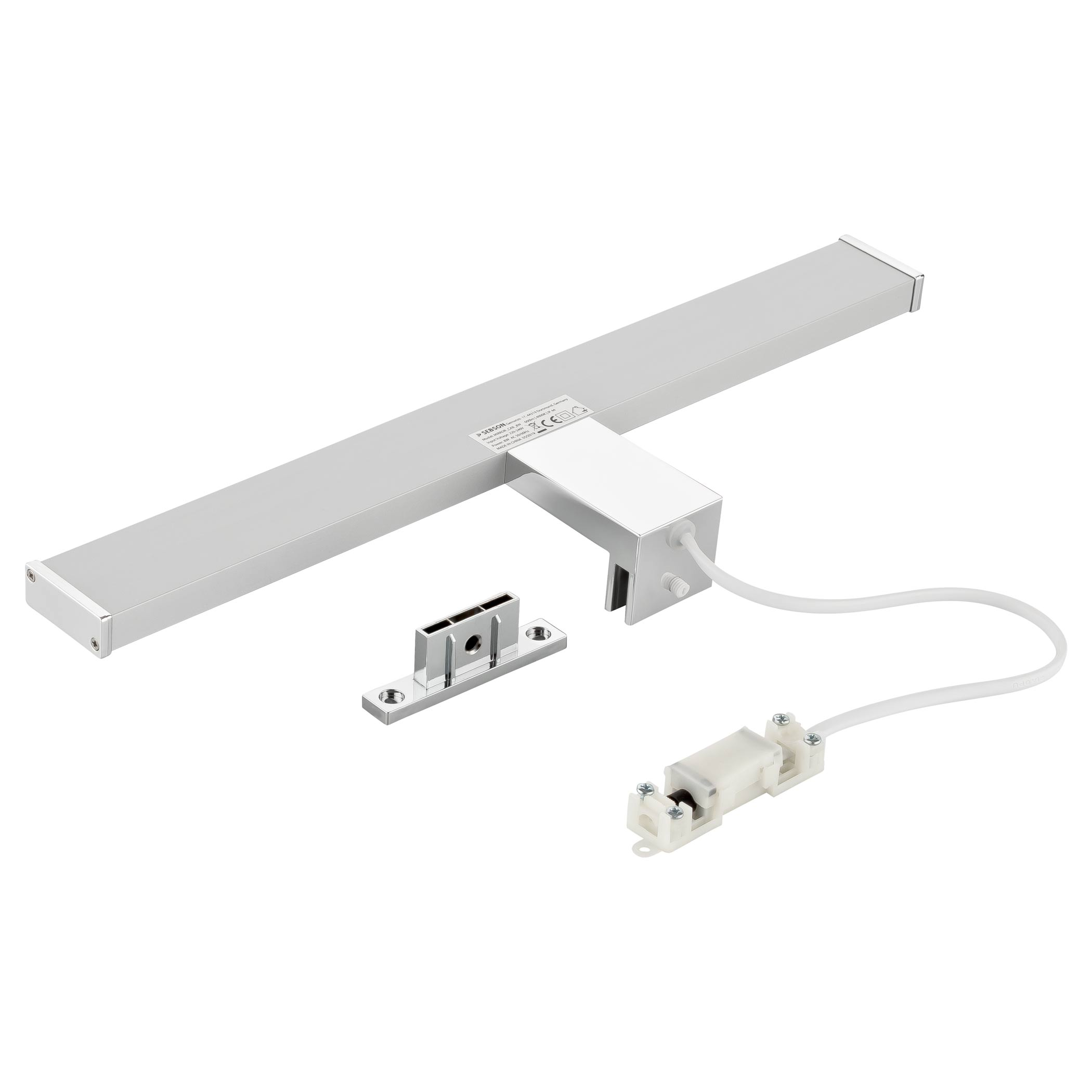 Silberne LED-Leuchte mit Montagezubehör. Ein weißes Kabel ist angeschlossen.