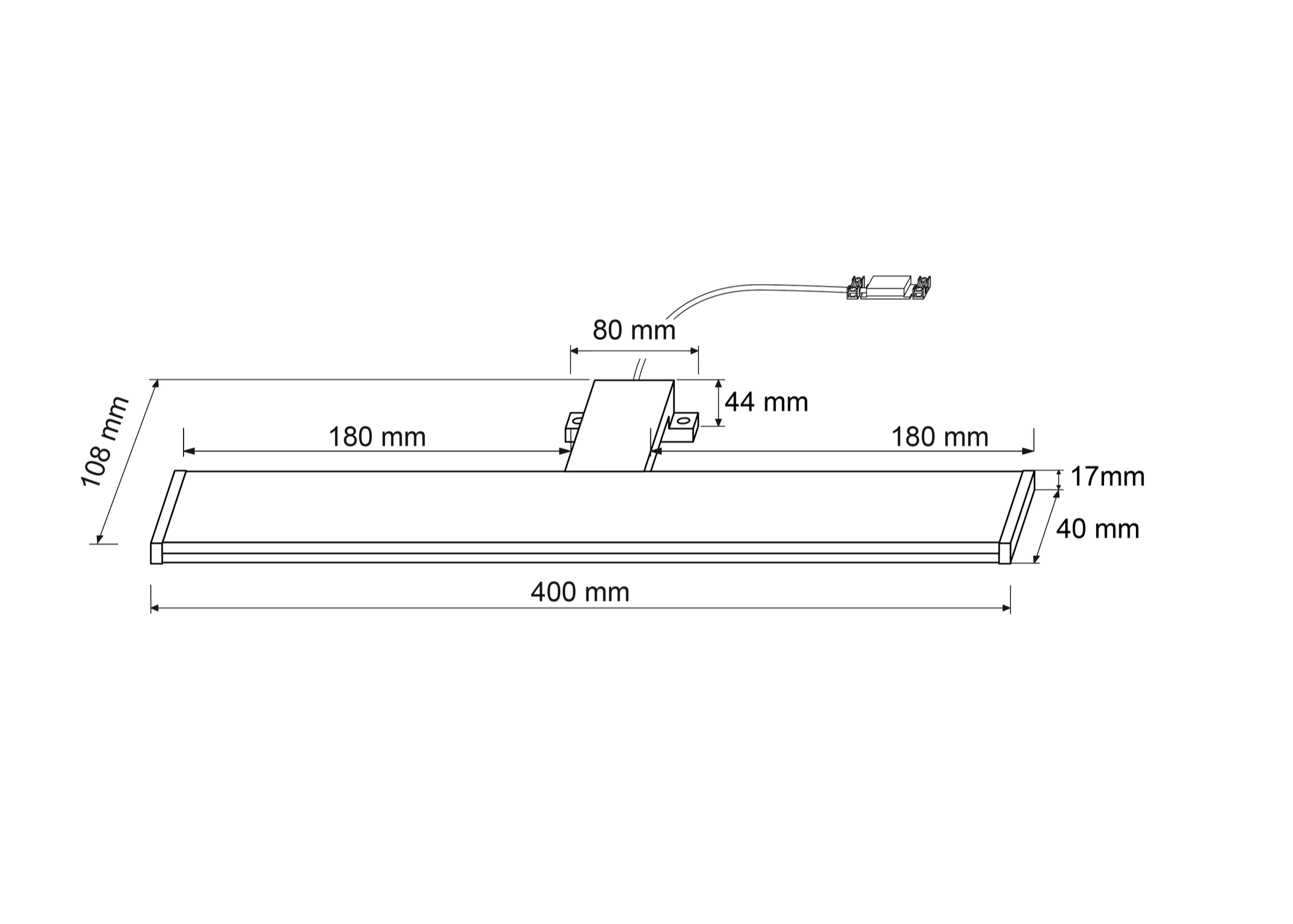 Diagramm mit Messungen. Es ist ein rechteckiges LED-Panel mit Abmessungen, Netzkabel und einer Steuereinheit.