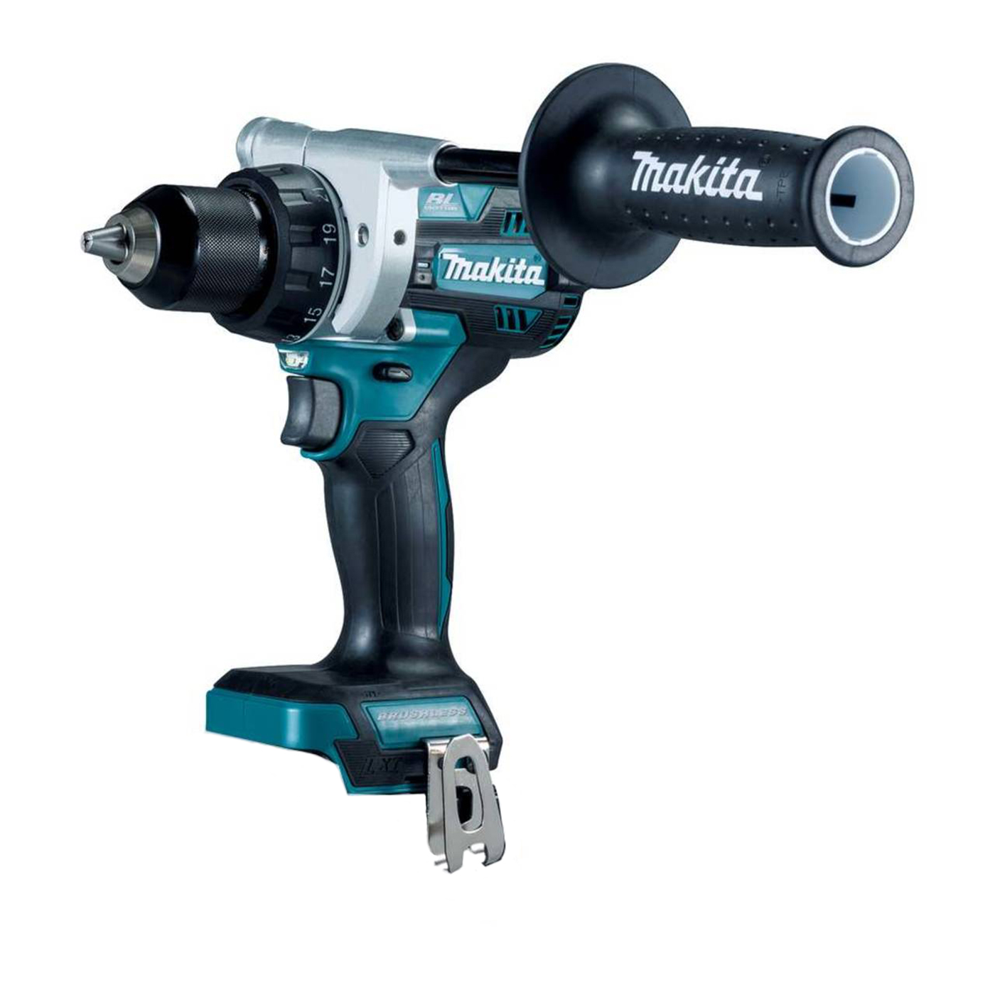 Trapano cordless Makita, turchese e nero, con un'impugnatura aggiuntiva.