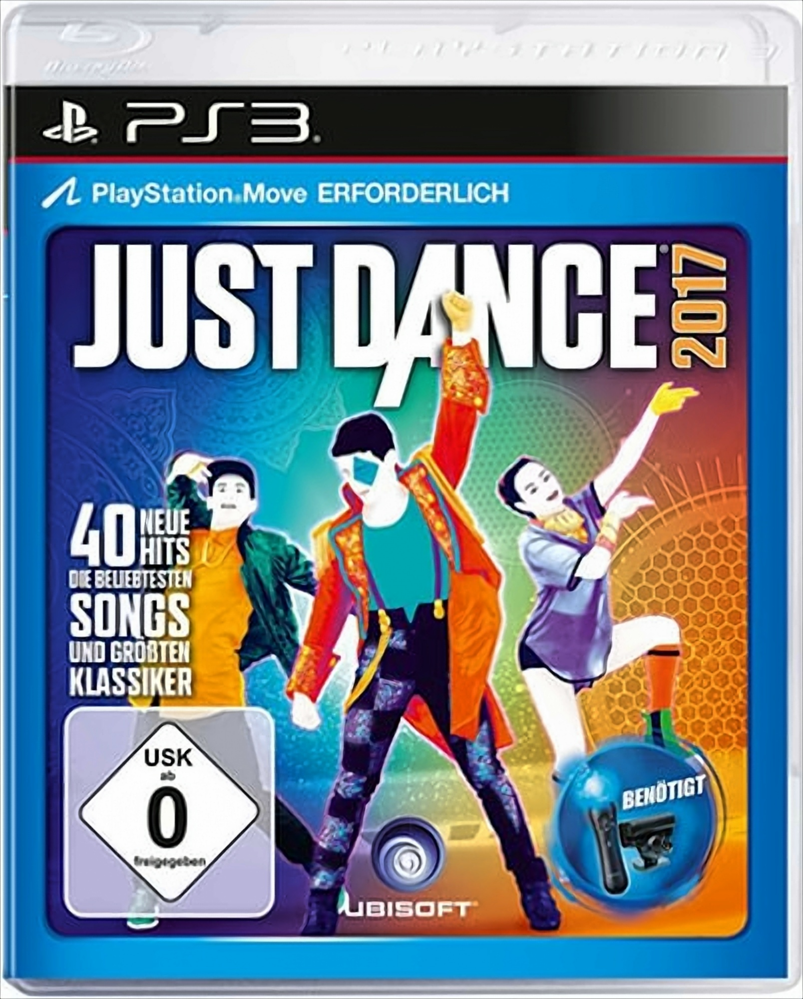 Spielcover: Just Dance 2017. Tänzer in bunten Outfits auf blauem Hintergrund, Spieletitel oben.