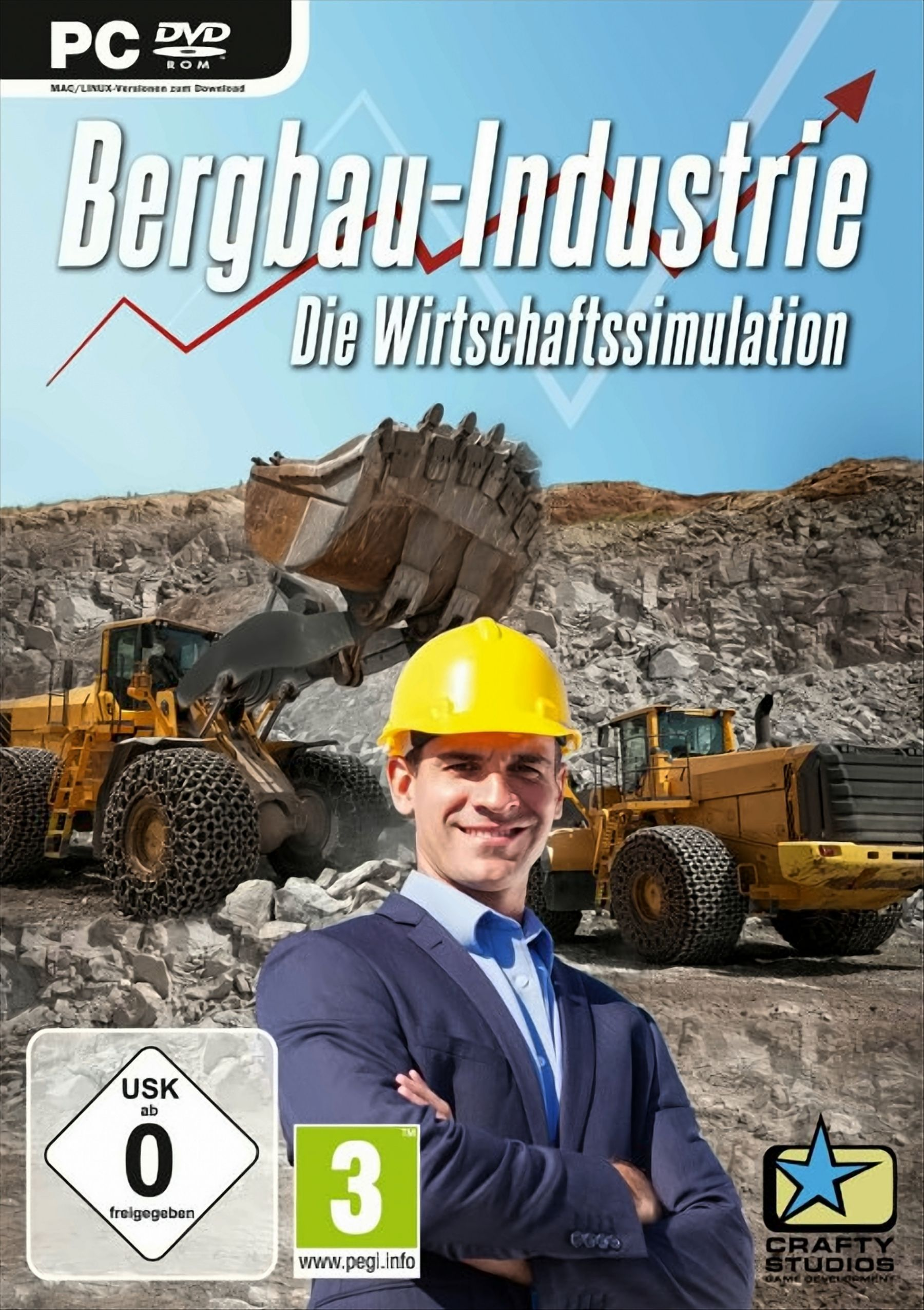 PC-Spielcover: Bergau-Industrie, mit einem Bauarbeiter, Baggern und einer industriellen Umgebung.