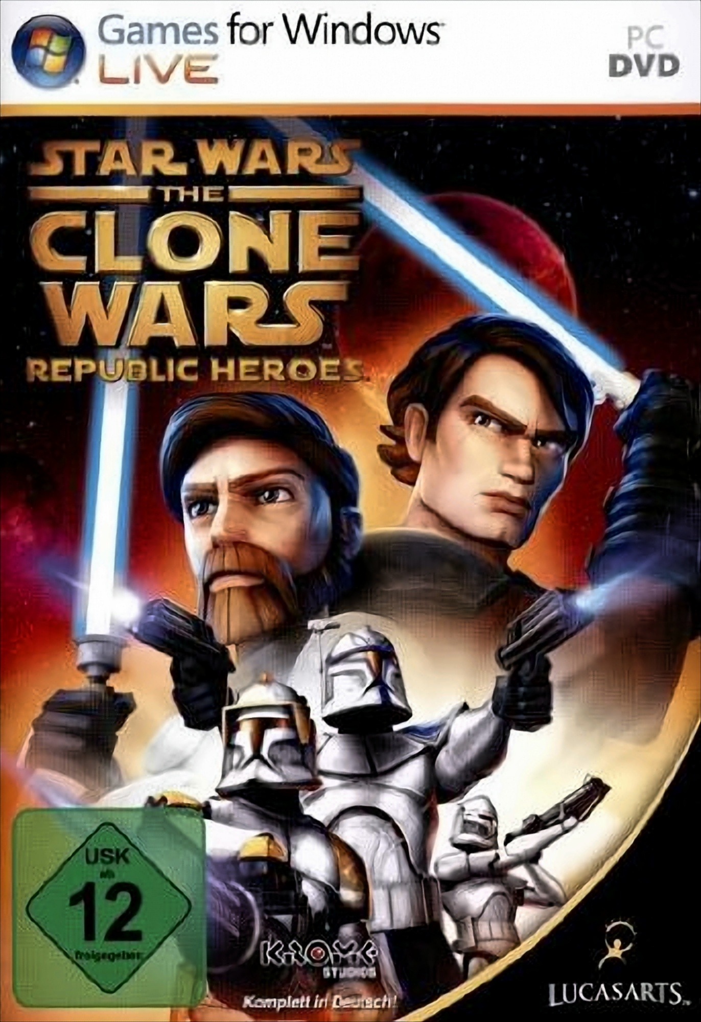Star Wars: The Clone Wars Spielcover mit Figuren und Logos vor dunklem Hintergrund.