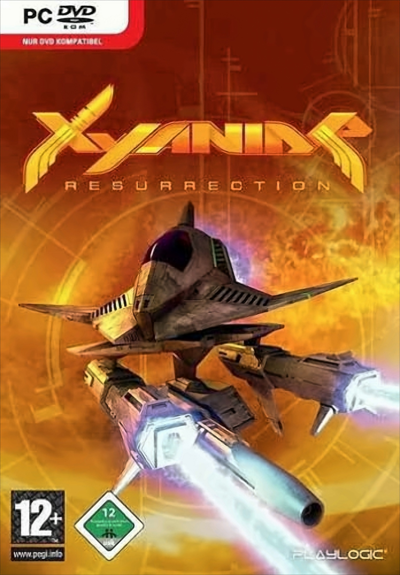 Spielcover mit einem Raumschiff und einer futuristischen Stadt in Flammen, mit gelb-orangefarbenem Hintergrund.