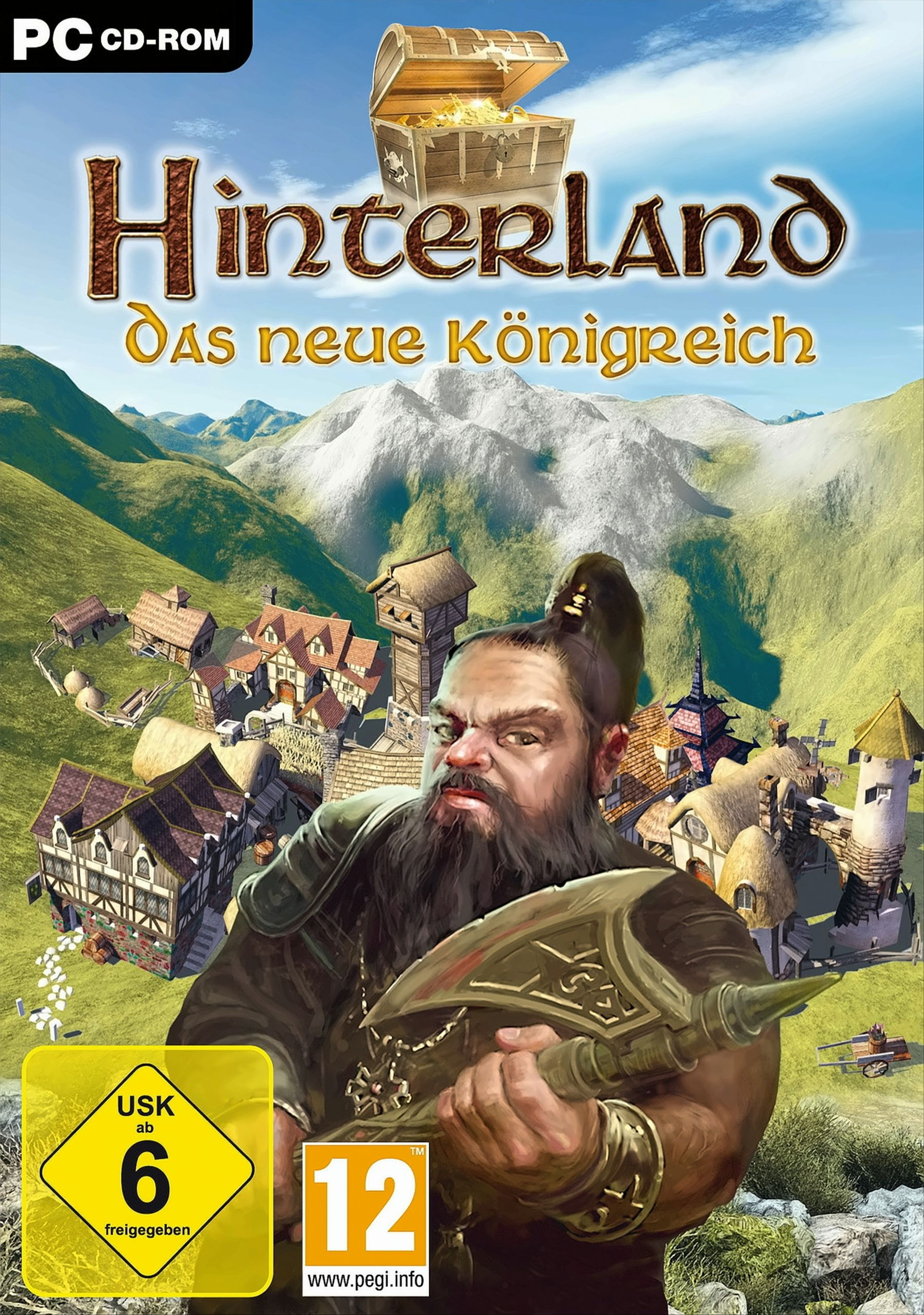 Spielcover für 'Hinterland', mit einem Zwerg, Gebäuden und einer Schatztruhe.