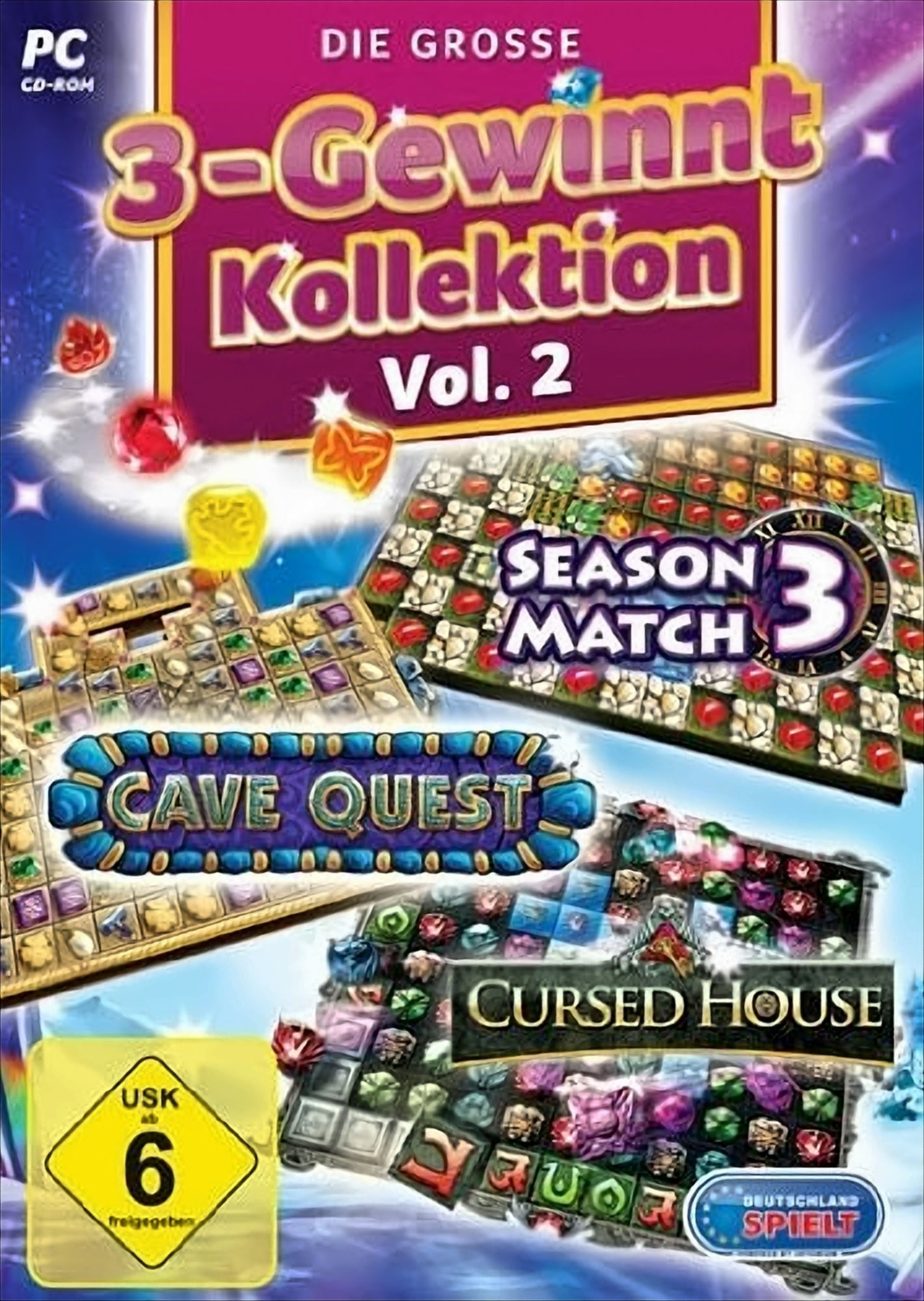 Spielcover für 3-Gewinnt Kollektion Vol. 2. Verschiedene Spielbildschirme. Blauer Hintergrund.