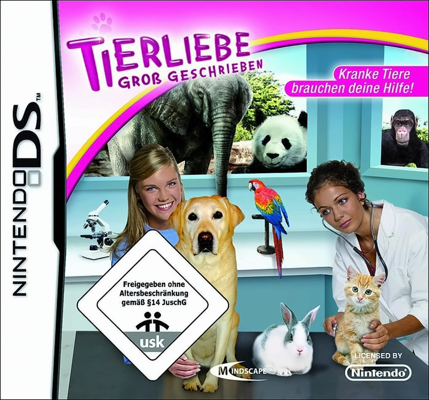 Tierliebe-Spielcover. Mädchen, Hund, Papagei und andere Tiere auf einem Tisch. Weißer Hintergrund.