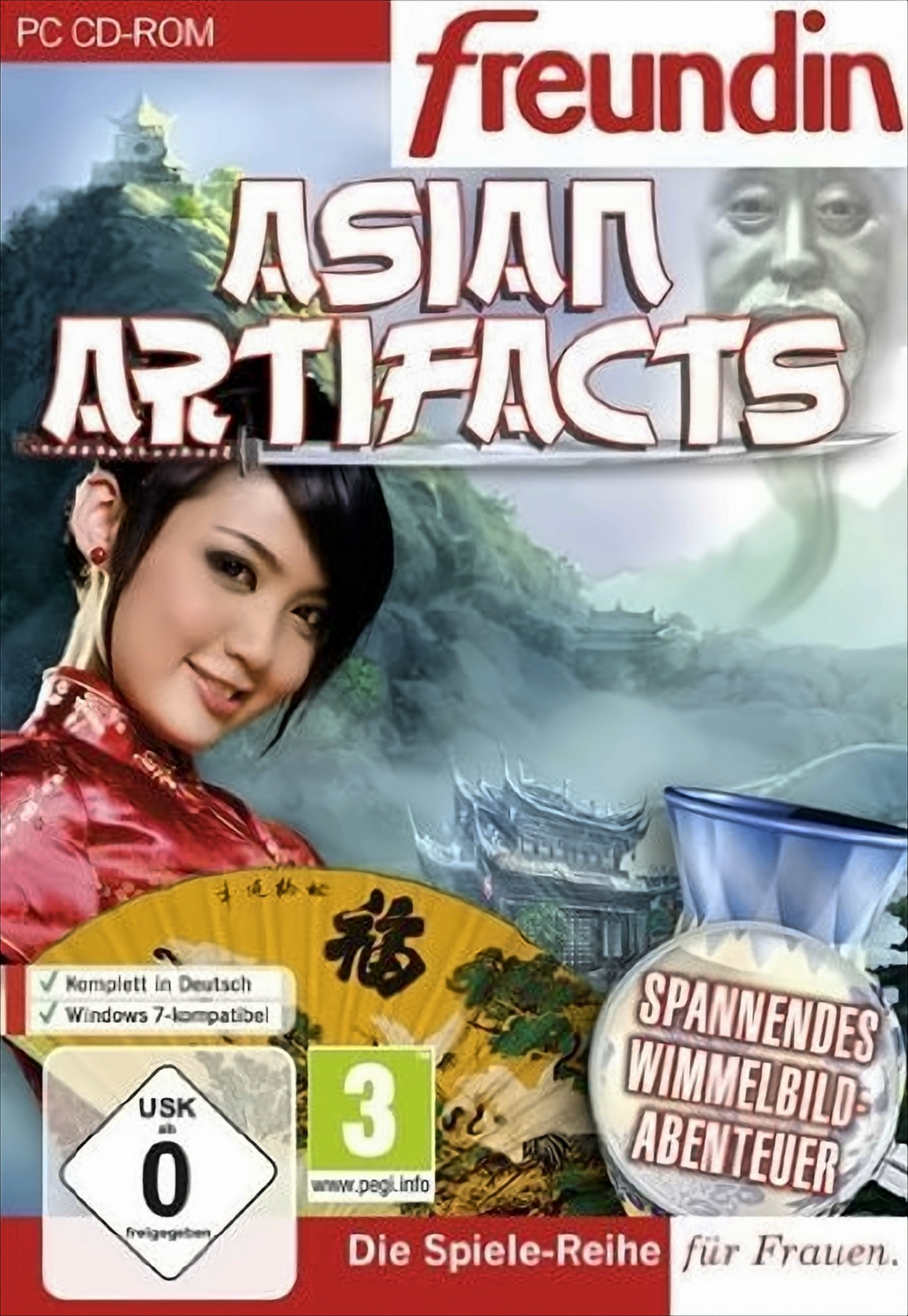 Asian Artifacts Spielcover mit Frau im roten Kleid, Fächer und Männerbüste.