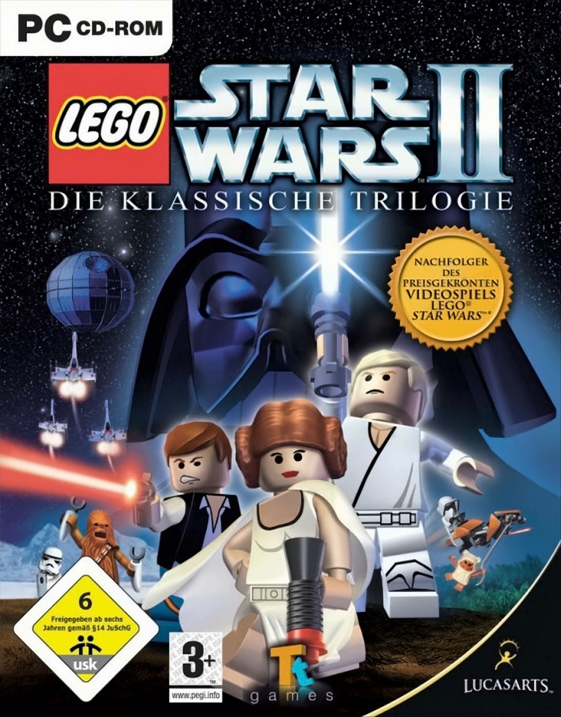 Lego Star Wars II-Spielcover. Lego-Charaktere aus Star Wars im Weltraum. Darth Vader im Hintergrund.