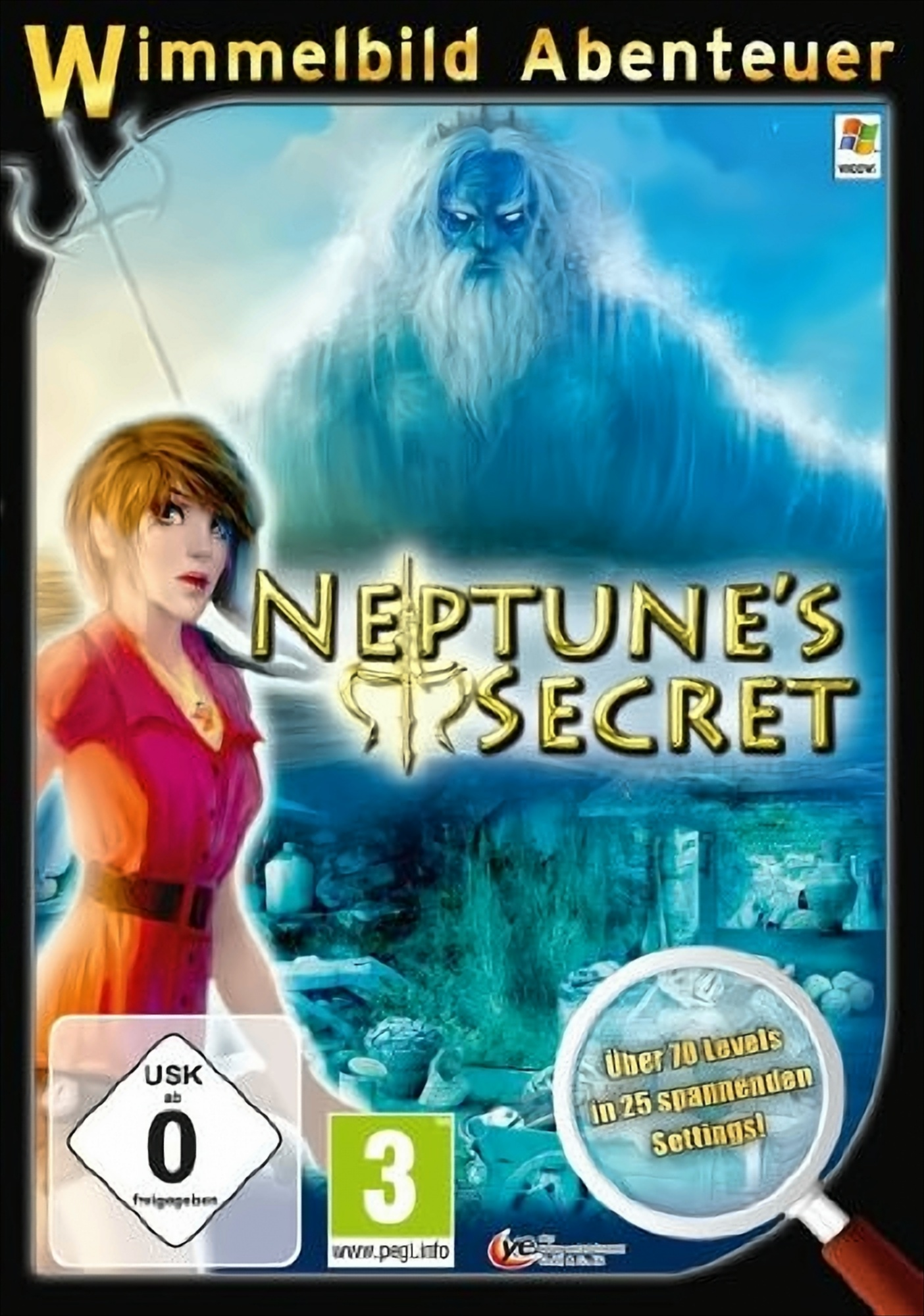 Spielcover: Frau und Neptuns Bild mit Lupe.