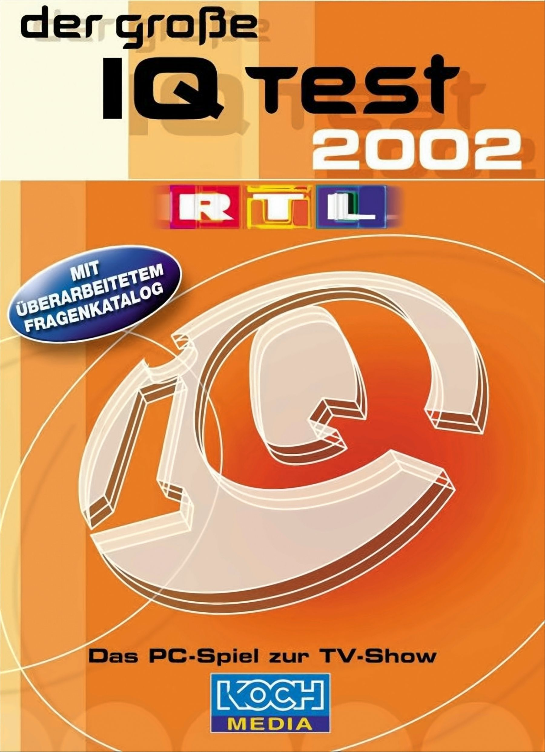 Cover des Spiels 'Der große IQ Test 2002' mit Logo und orangefarbenem Hintergrund.