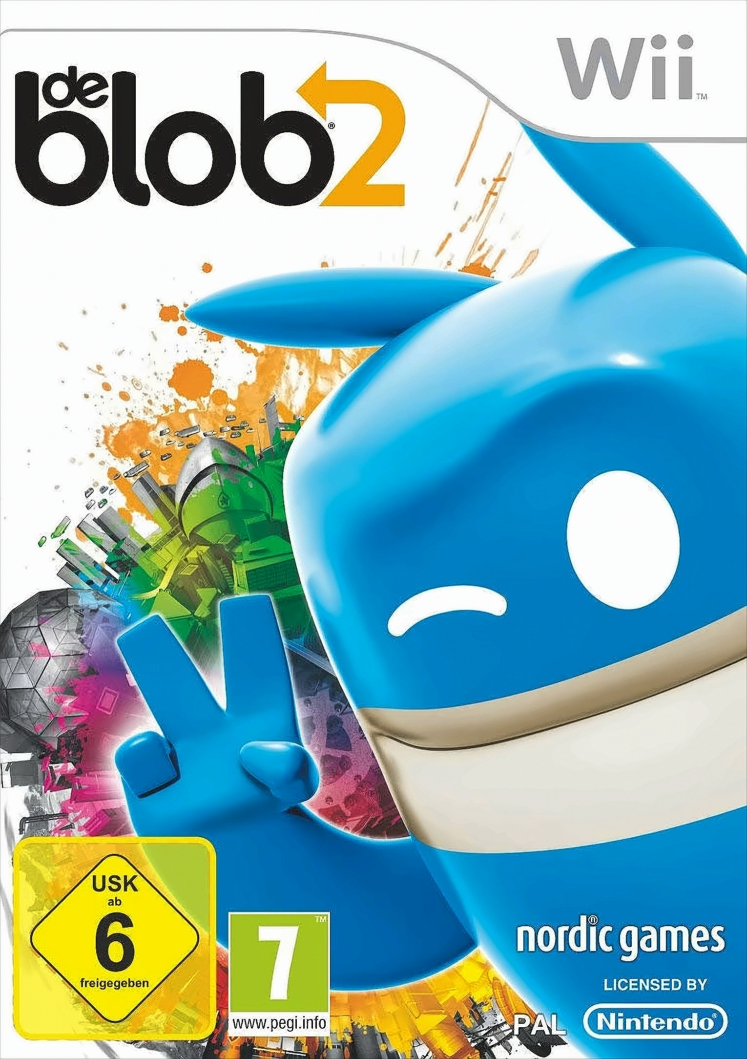 Blauer Blob-Charakter auf einer Videospielbox, mit weißem Hintergrund.