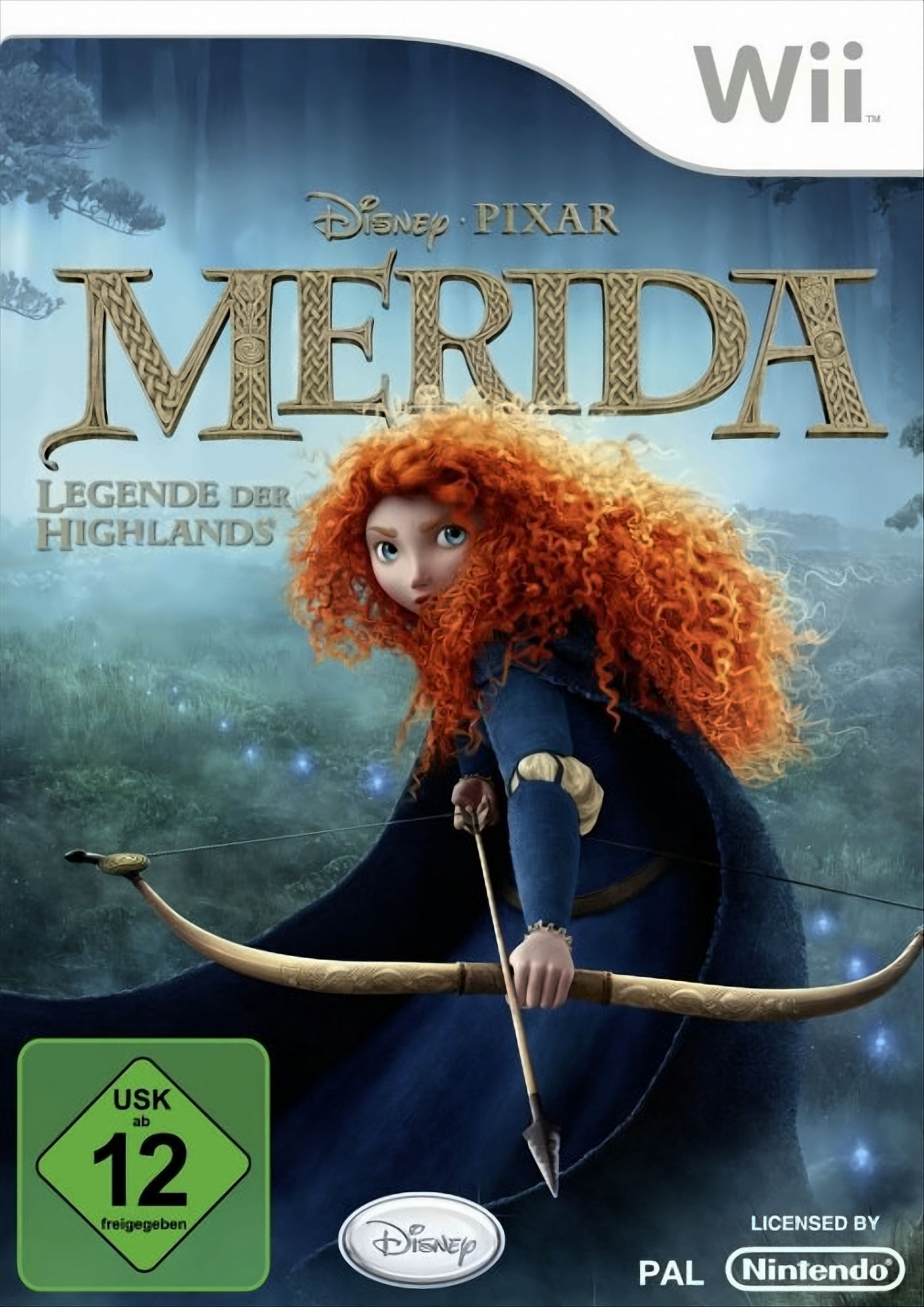 Spielbox-Art mit rothaariger Frau mit Pfeil und Bogen. Titel "Merida". Wald im Hintergrund.