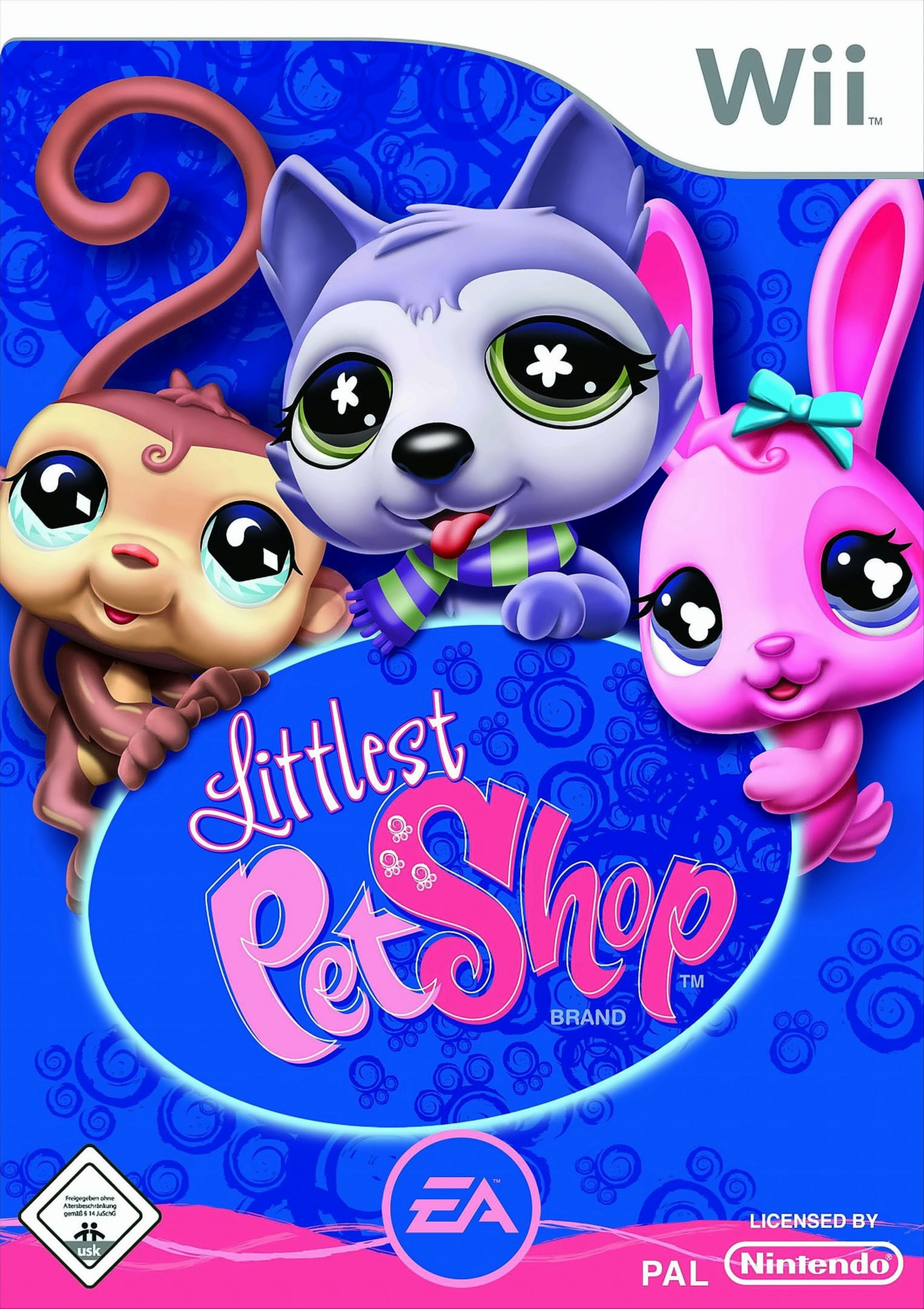 Wii-Spielcover. Cartoon-Haustiere: Affe, Katze und Hase. Titel: Littlest Pet Shop.