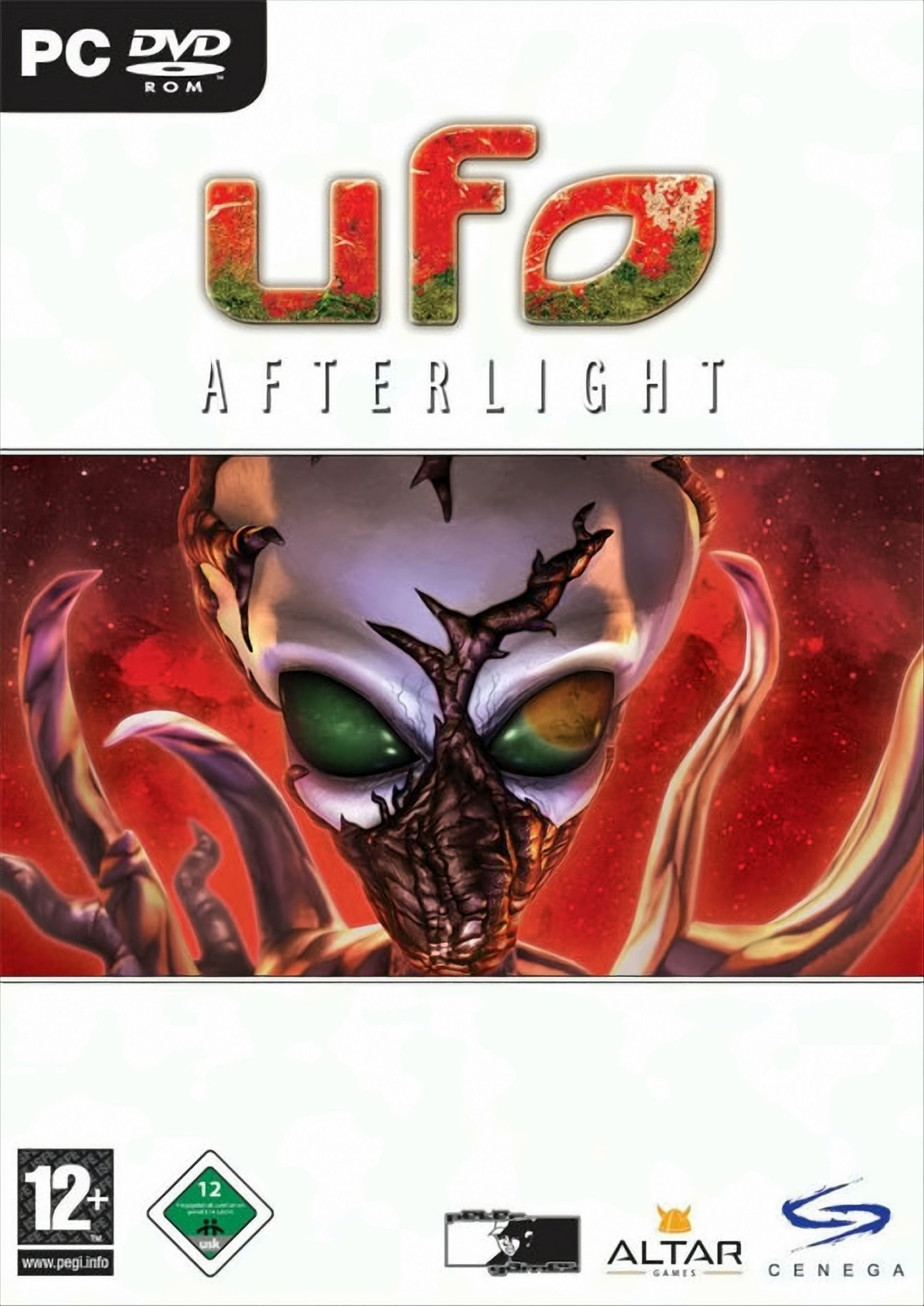 Spielbox mit einem Alien-Gesicht. Der Titel lautet UFO Afterlight. Es hat eine Bewertung und Logos.