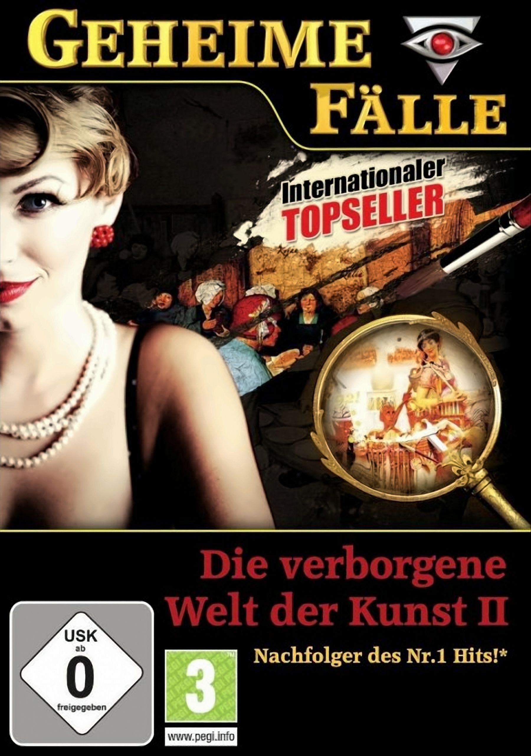 Spielcover: Frau und Lupe mit dem Titel 'Geheime Fälle'.