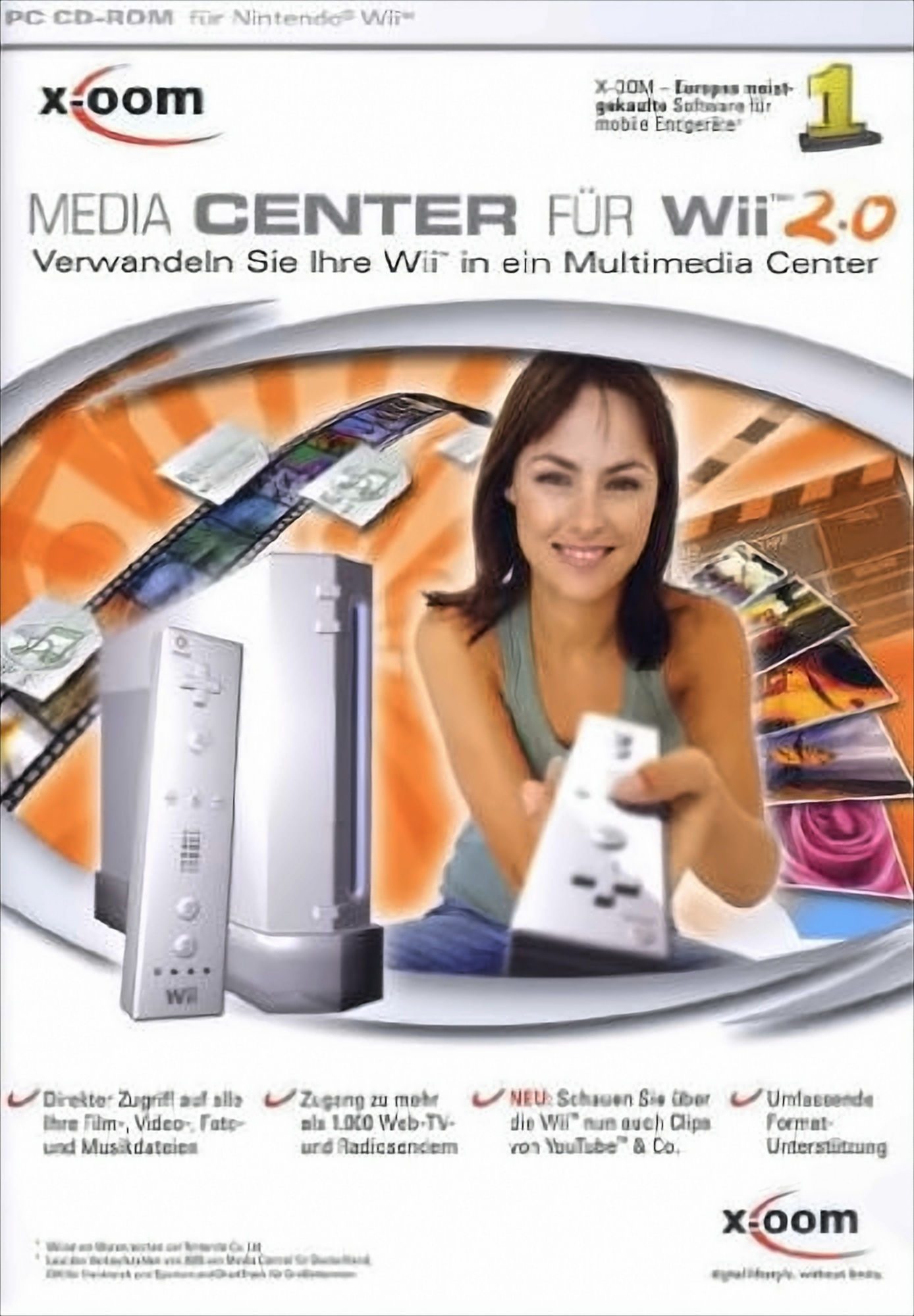X-oom Media Center für Wii 2.0 Spielcover. Zeigt eine Frau, die eine Wii-Fernbedienung hält.