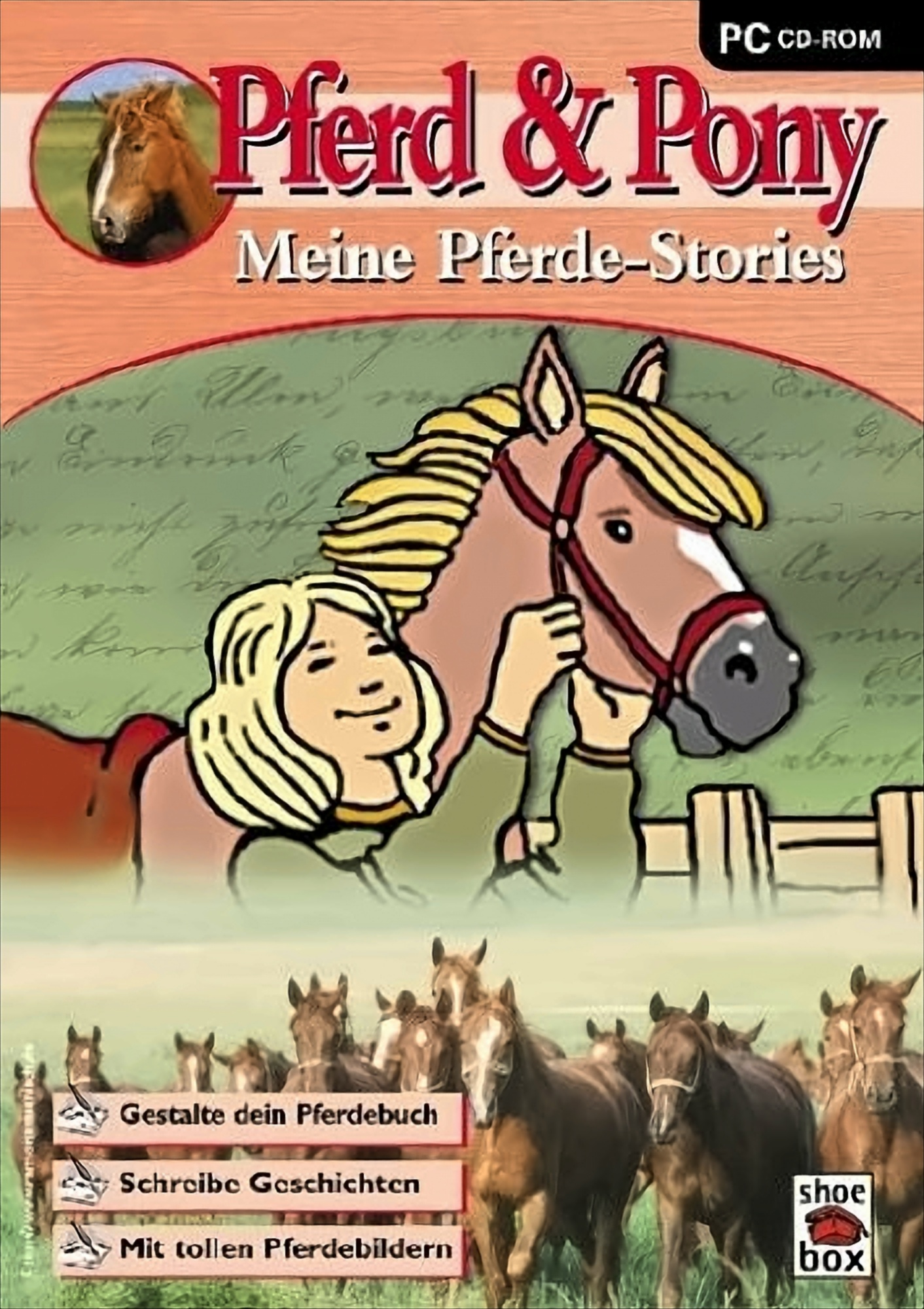 Spielcover: Ein Cartoon-Mädchen und ein Pferd. Titel: Pferd & Pony. Eine Herde Pferde im Hintergrund.