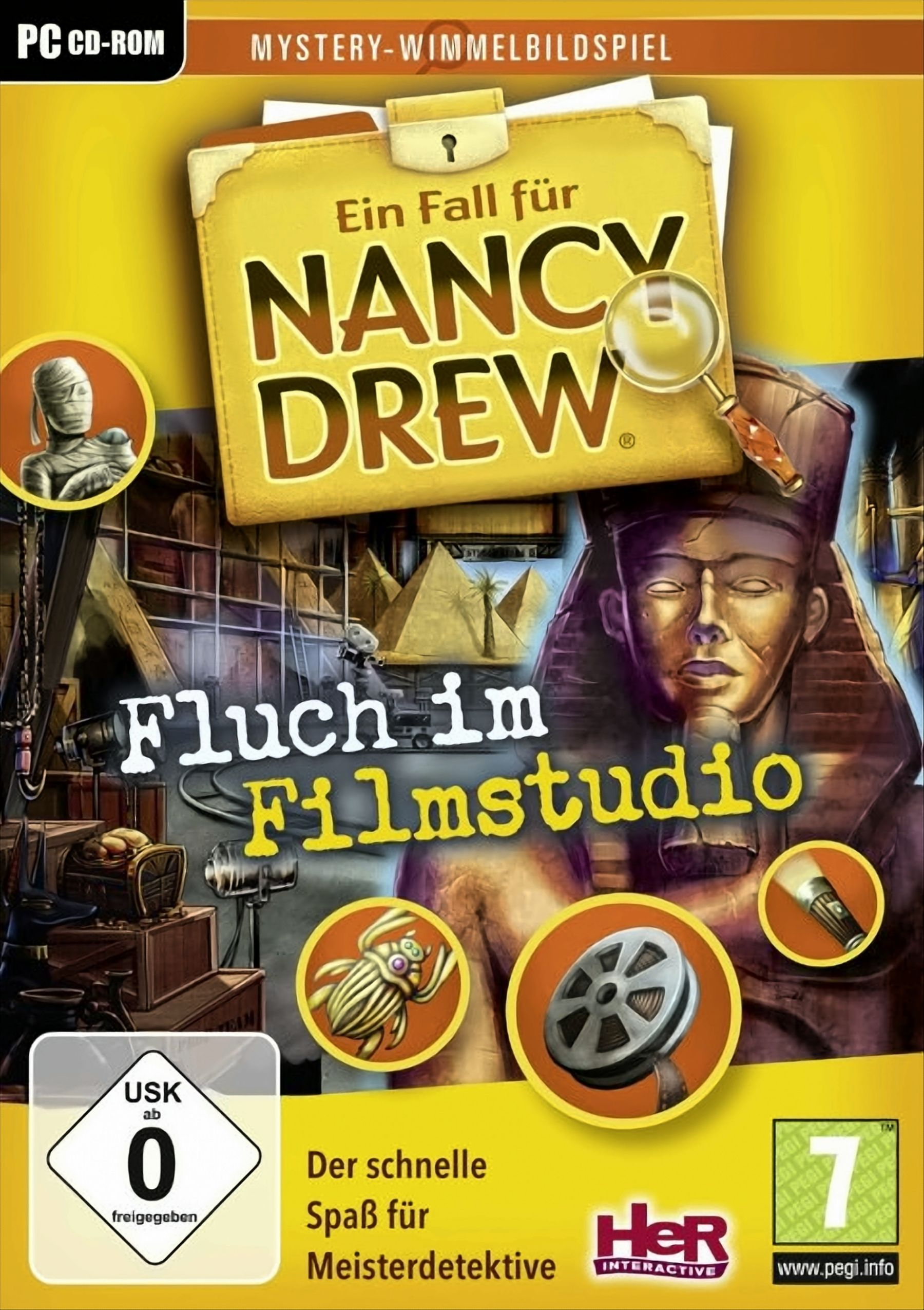 Spielbox-Art mit einem Pharao, einer Mumie und einem Detektiv. Der Spieletitel ist "Ein Fall für Nancy Drew".