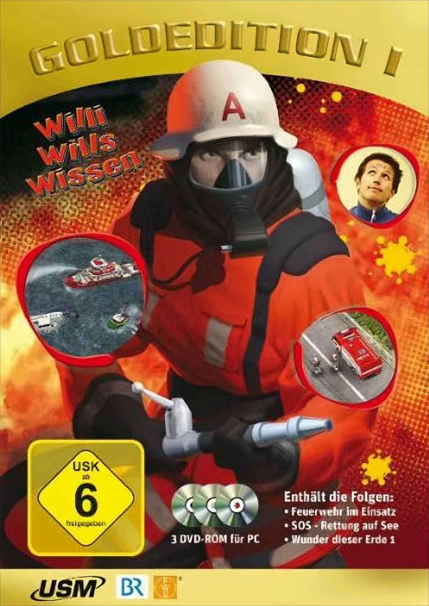 PC-Spielcover. "Goldedition I" mit einem Feuerwehrmann und anderen Szenen.