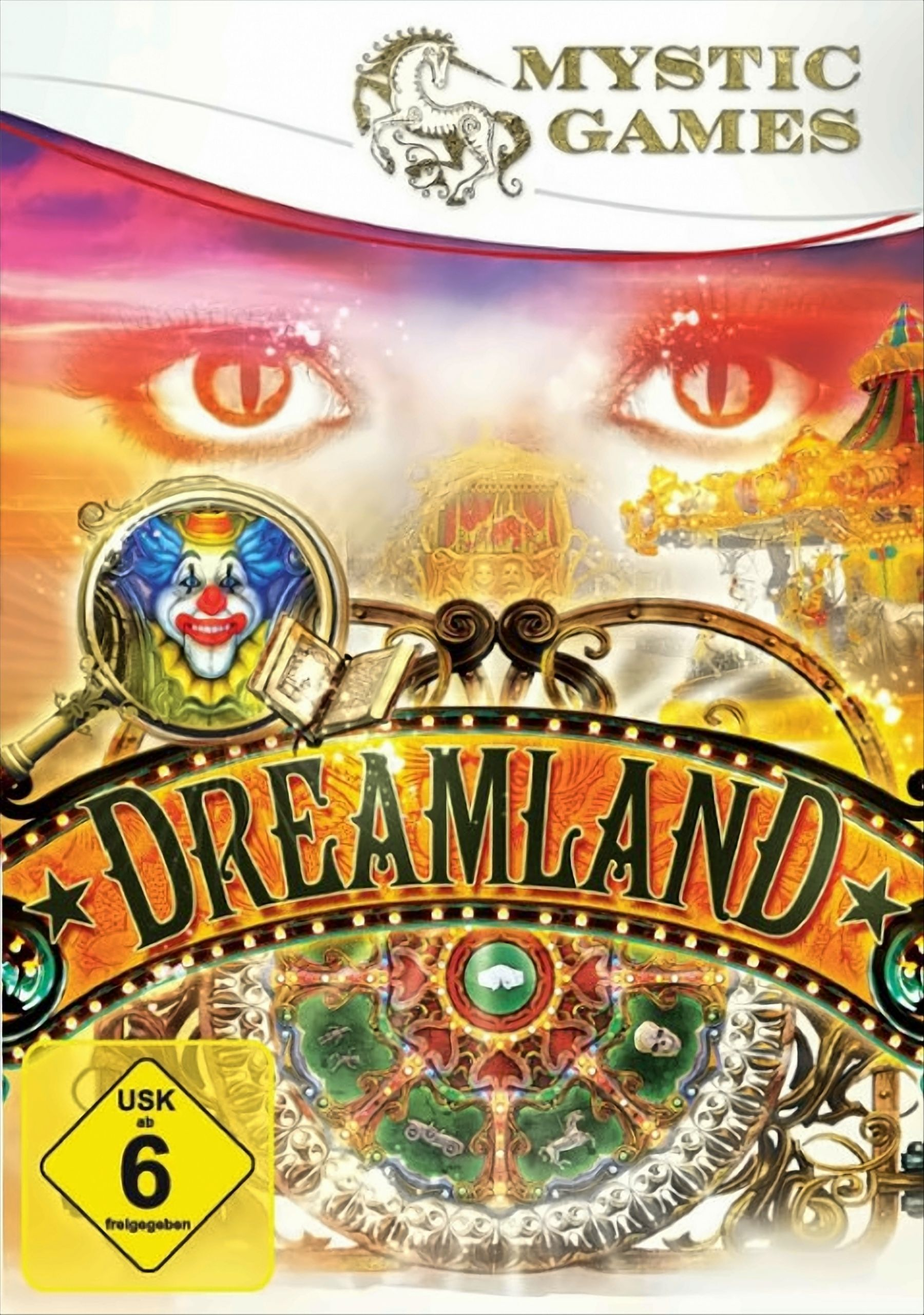 Spielcover: Dreamland-Titel mit Clown-Gesicht, Karussell und Frauenaugen. Mystic Games-Logo und USK-Bewertung.