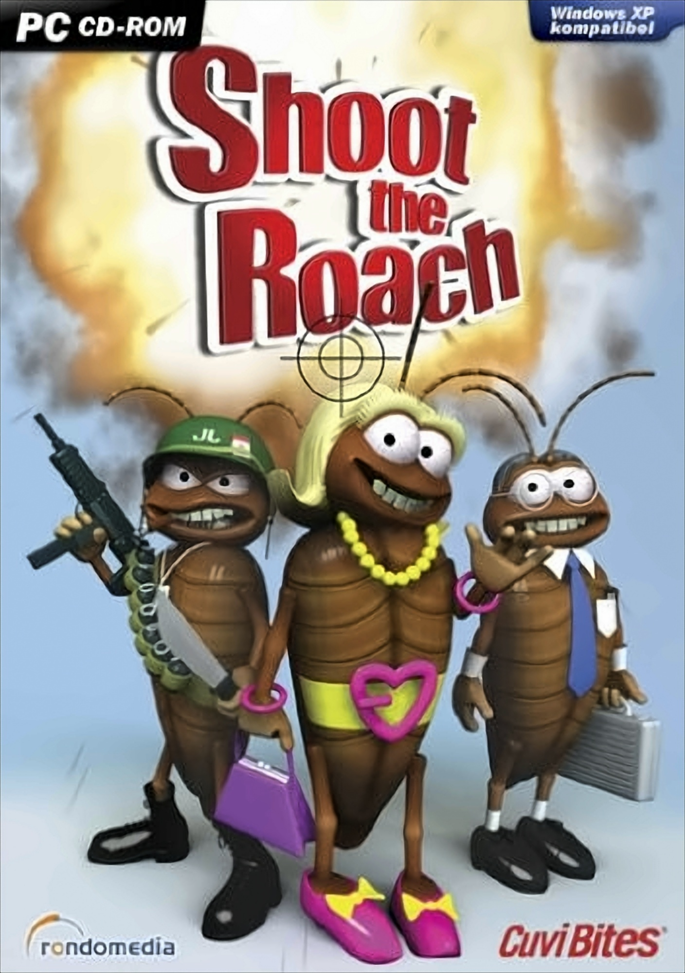 Spielcover für 'Shoot the Roach', mit Cartoon-Kakerlaken mit Waffen und Accessoires.