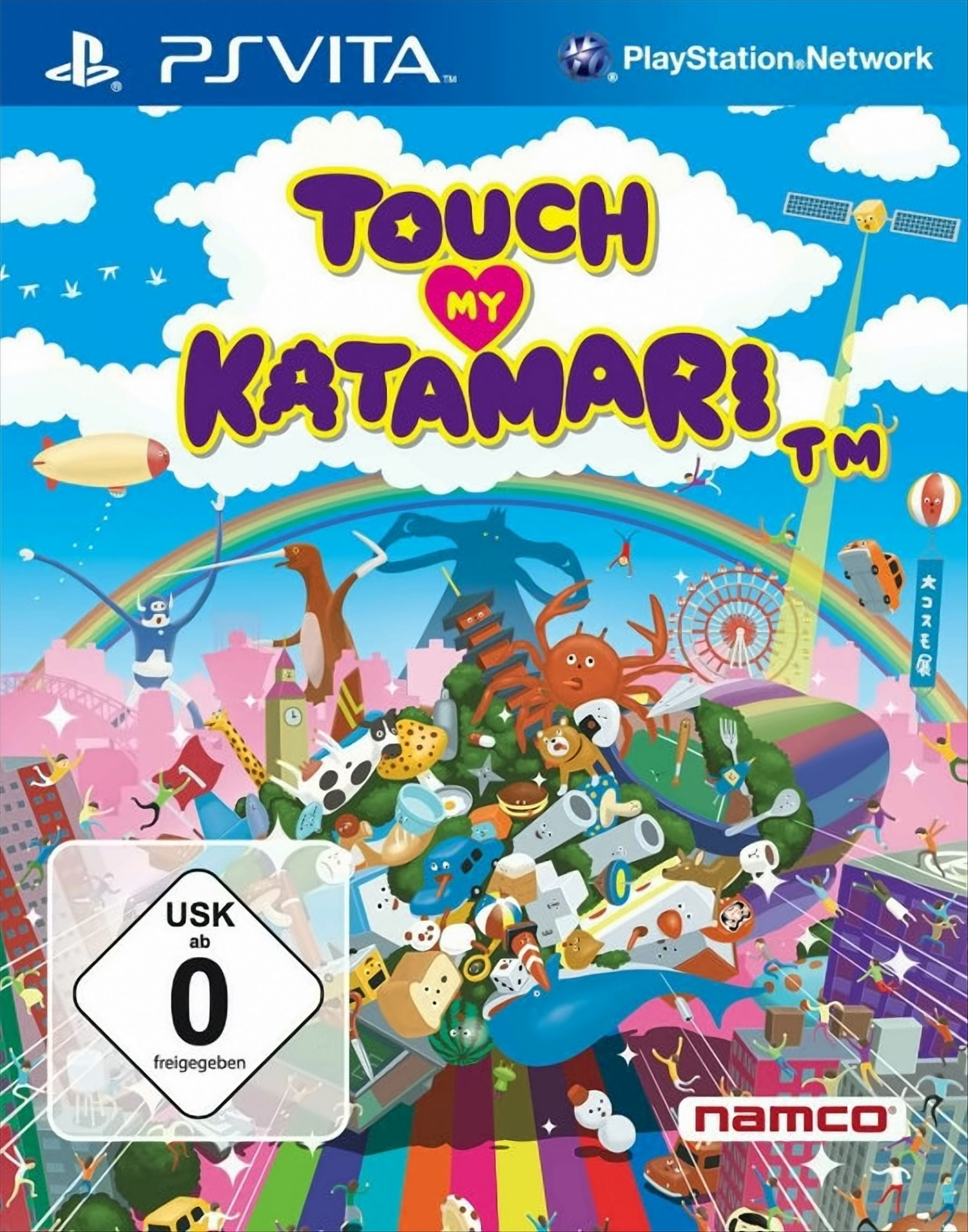 Spiele-Cover mit Cartoon-Figuren, Titel 'Touch My Katamari' und USK-Bewertung. Bunter Hintergrund mit Himmel und Gebäuden.
