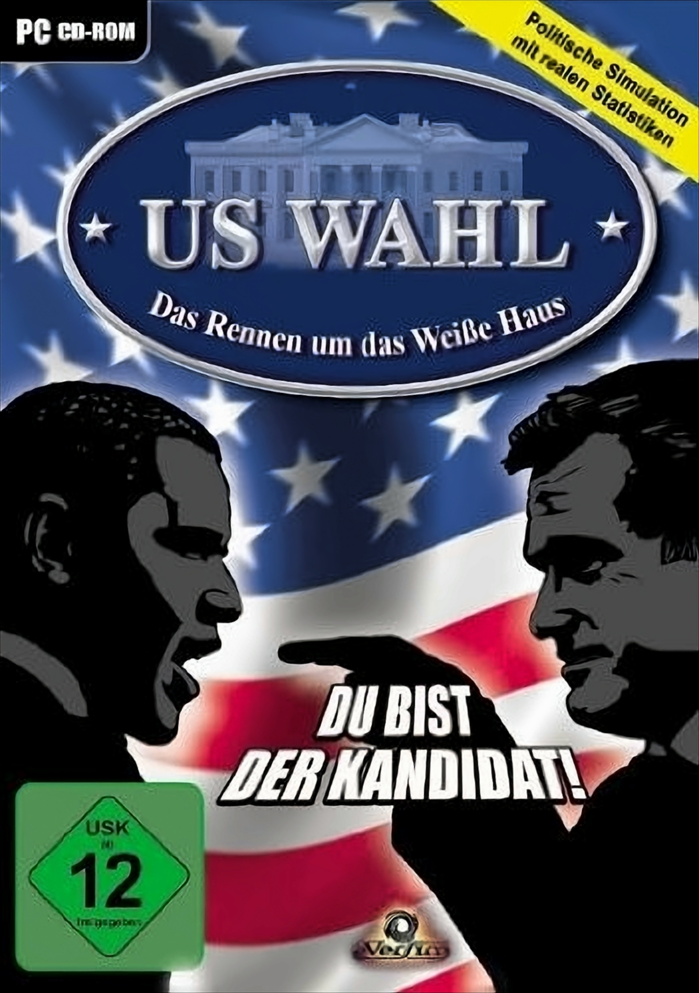 Spielcover: Zwei Männersilhouetten auf US-Flagge. Text: US Wahl, Das Rennen um das Weiße Haus. Du bist der Kandidat!