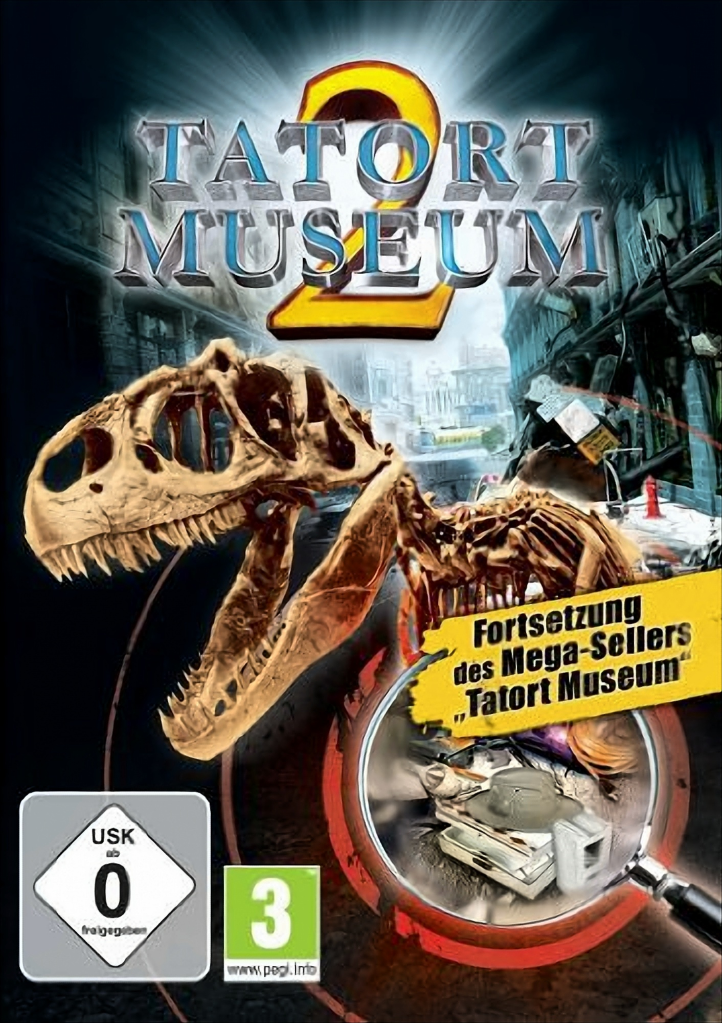 Spielcover für Tatort Museum 2. Ein Dinosaurierskelett und eine Lupe sind im Bild.
