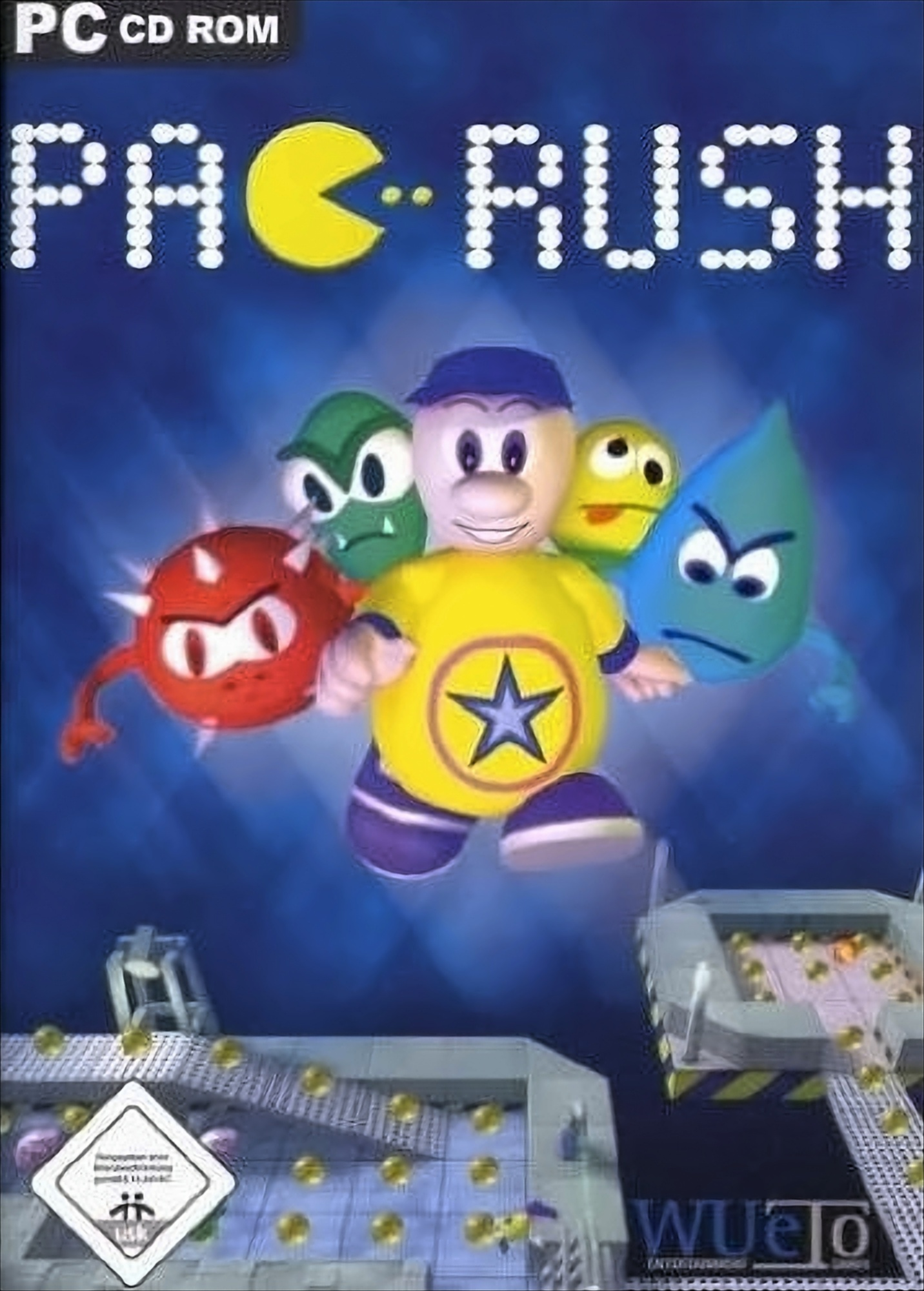 Pac-Rush-Spielcover mit Pac-Man und Feinden auf blauem Hintergrund und PC CD ROM-Label.